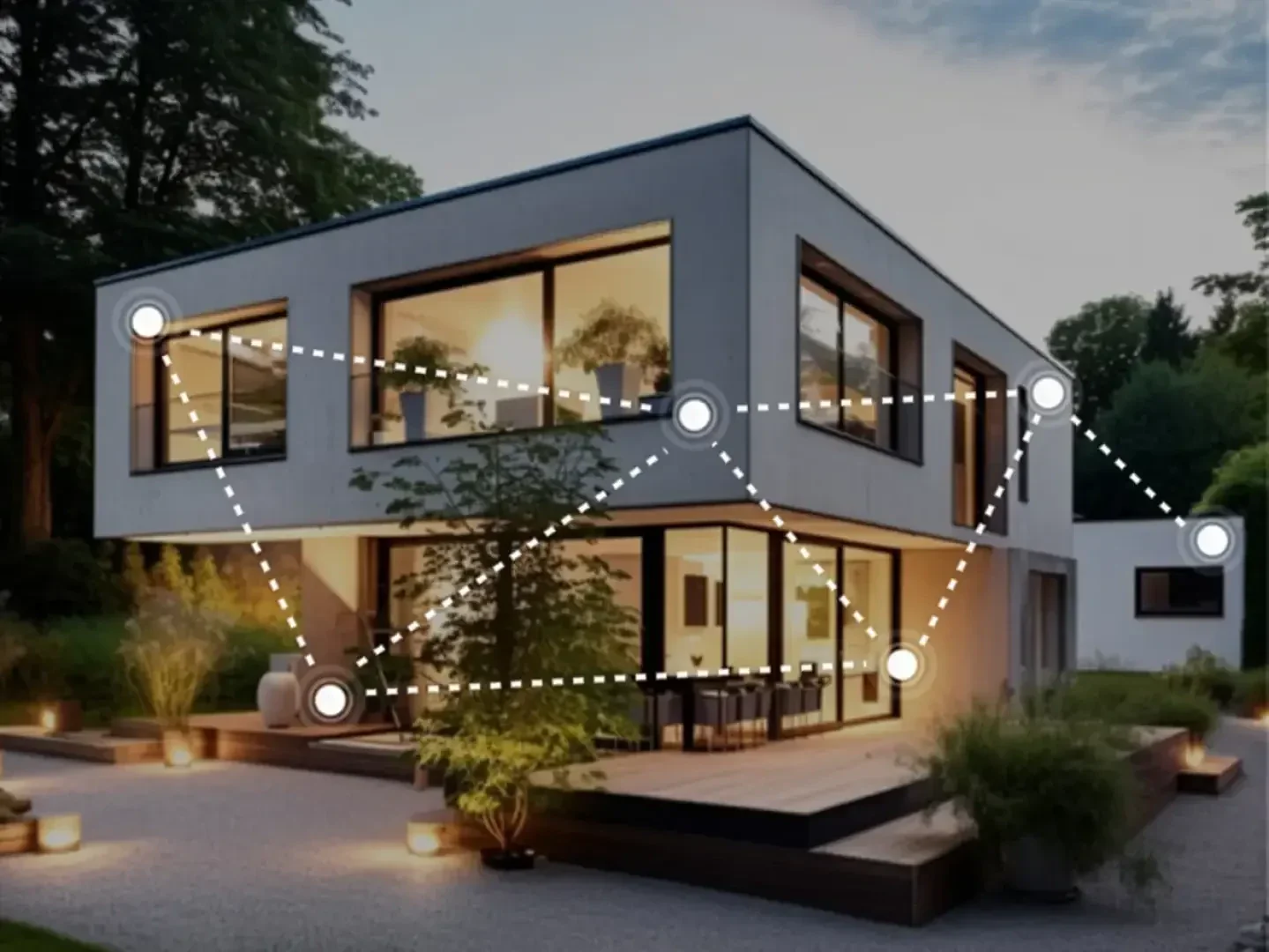 Ein modernes zweistöckiges Haus mit großen Fenstern, Außenbeleuchtung und einem über das Bild gelegten Schema mit verbundenen Knoten, das auf ein Smart-Home-Netzwerk hindeutet.