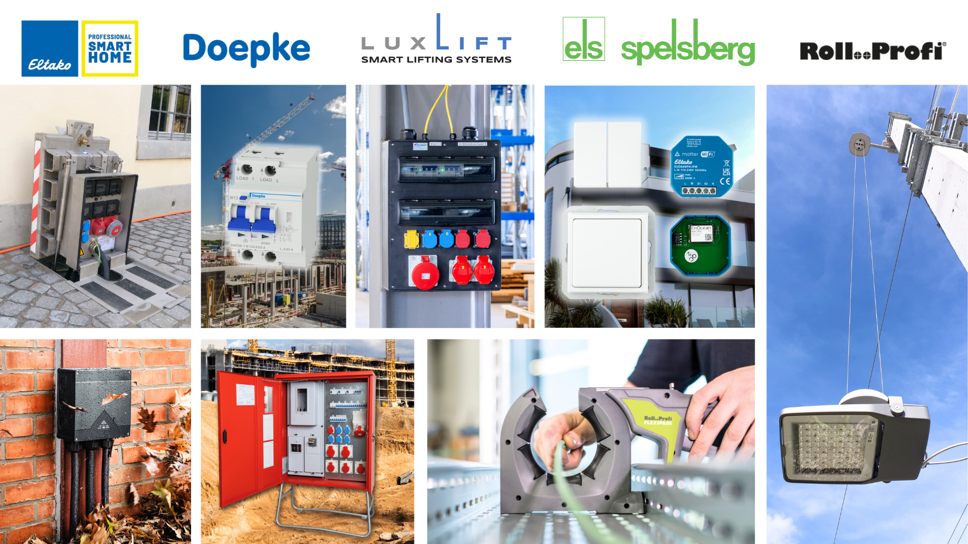 Eine Collage aus verschiedenen Elektrogehäusen, Smart-Home-Geräten, industriellen Schalttafeln und Hebesystemen, die Produkte von Marken wie Doepke, Els Spelsberg, Lux Lift und Roll Profi zeigt. Die Markenlogos erscheinen oben.