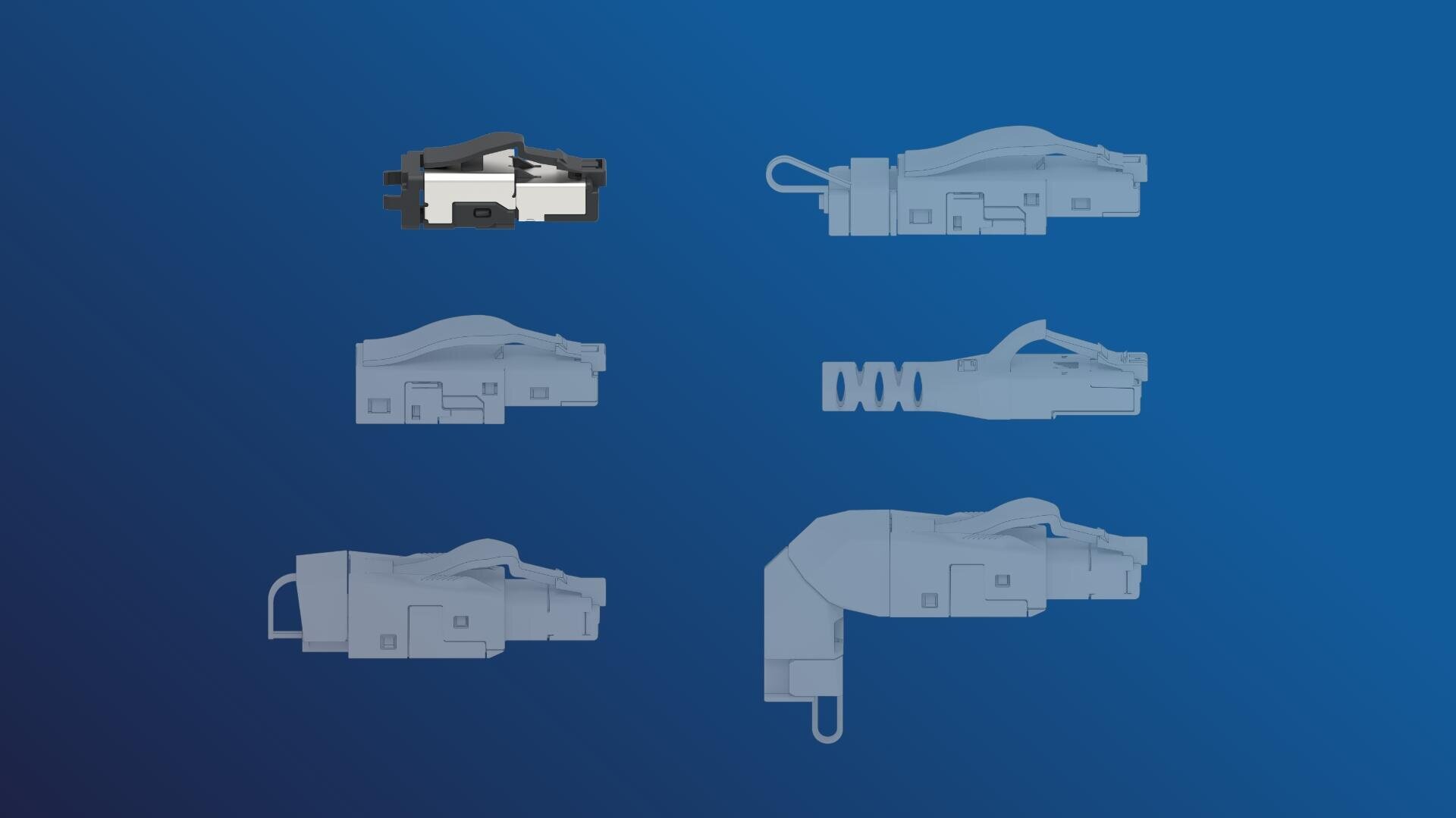 Diagramm mit sechs Ansichten eines Kabelsteckers auf blauem Hintergrund. Der Stecker oben links ist in Farbe dargestellt, während die anderen fünf in Grau gehalten sind; jede Ansicht zeigt unterschiedliche Blickwinkel und Details der Steckerkonstruktion.