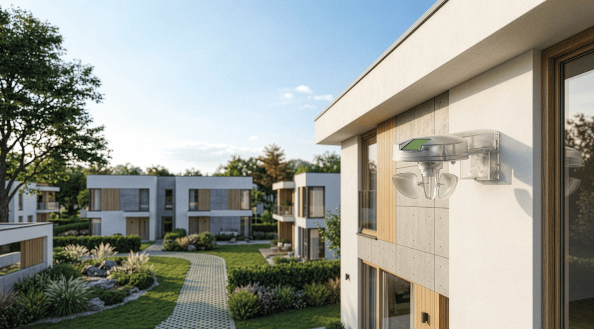 An der Wand eines modernen Hauses ist eine moderne Außenwetterstation angebracht, die auf einen gepflegten Garten mit grünem Rasen, Pflanzen, einem Steinweg und benachbarten Häusern im Hintergrund unter blauem Himmel blickt.