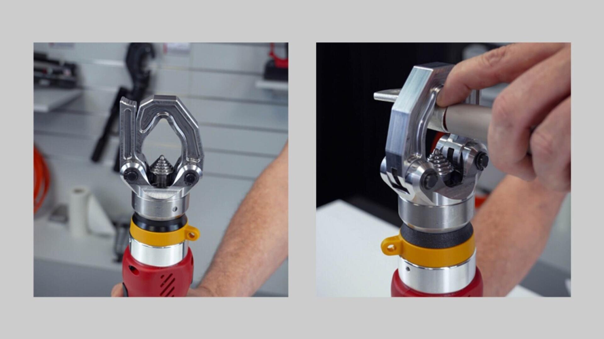 Deux photos côte à côte montrent une personne utilisant un outil de coupe hydraulique manuel avec une mâchoire en métal pour couper un tuyau en métal. L'image de gauche montre l'outil ouvert ; l'image de droite montre l'outil saisissant le tuyau.