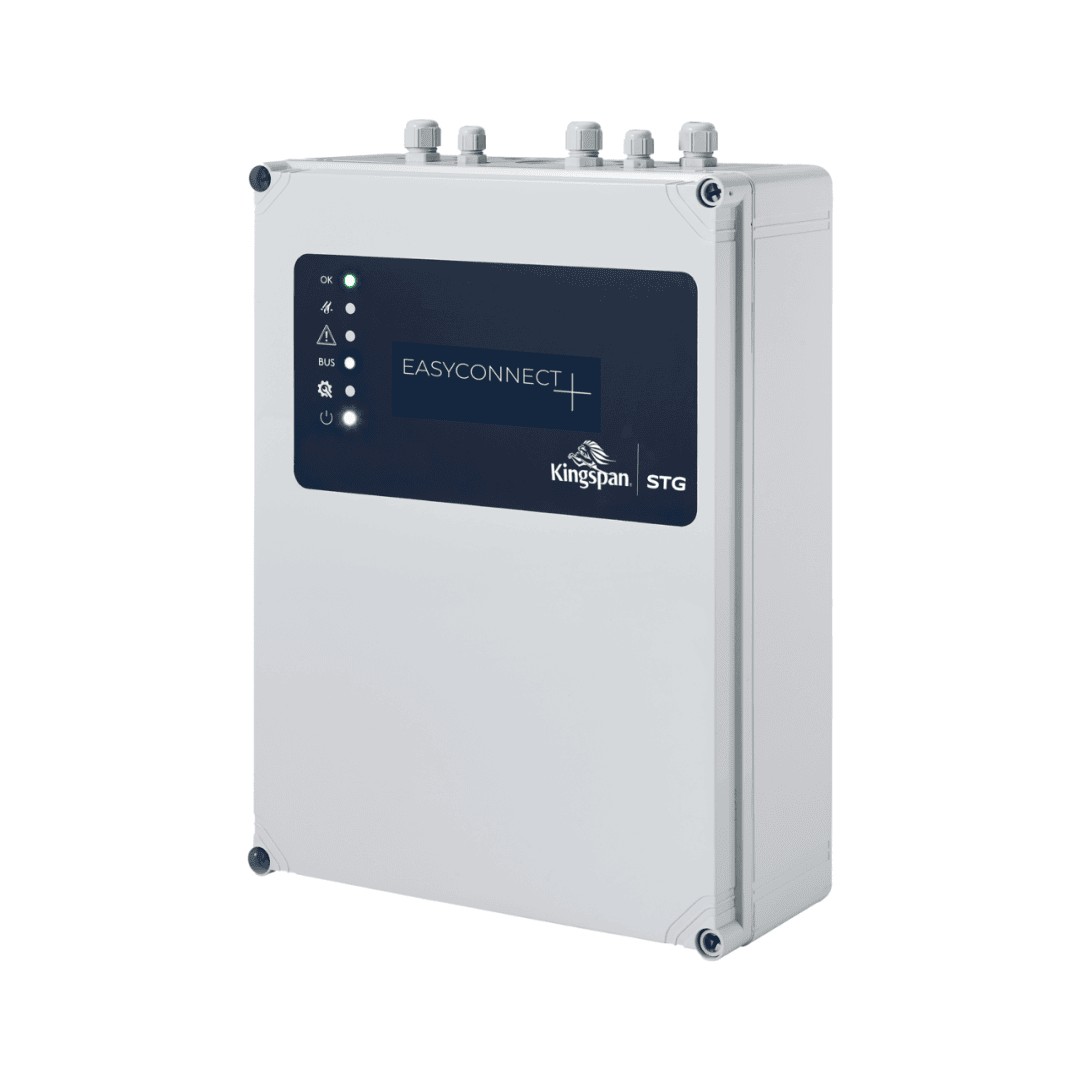 Ein graues Kingspan EasyConnect STG-Bedienfeld mit Anzeigeleuchten und beschrifteten Tasten auf der Vorderseite, das für den Einsatz in der Industrie oder im Versorgungsbereich konzipiert ist.