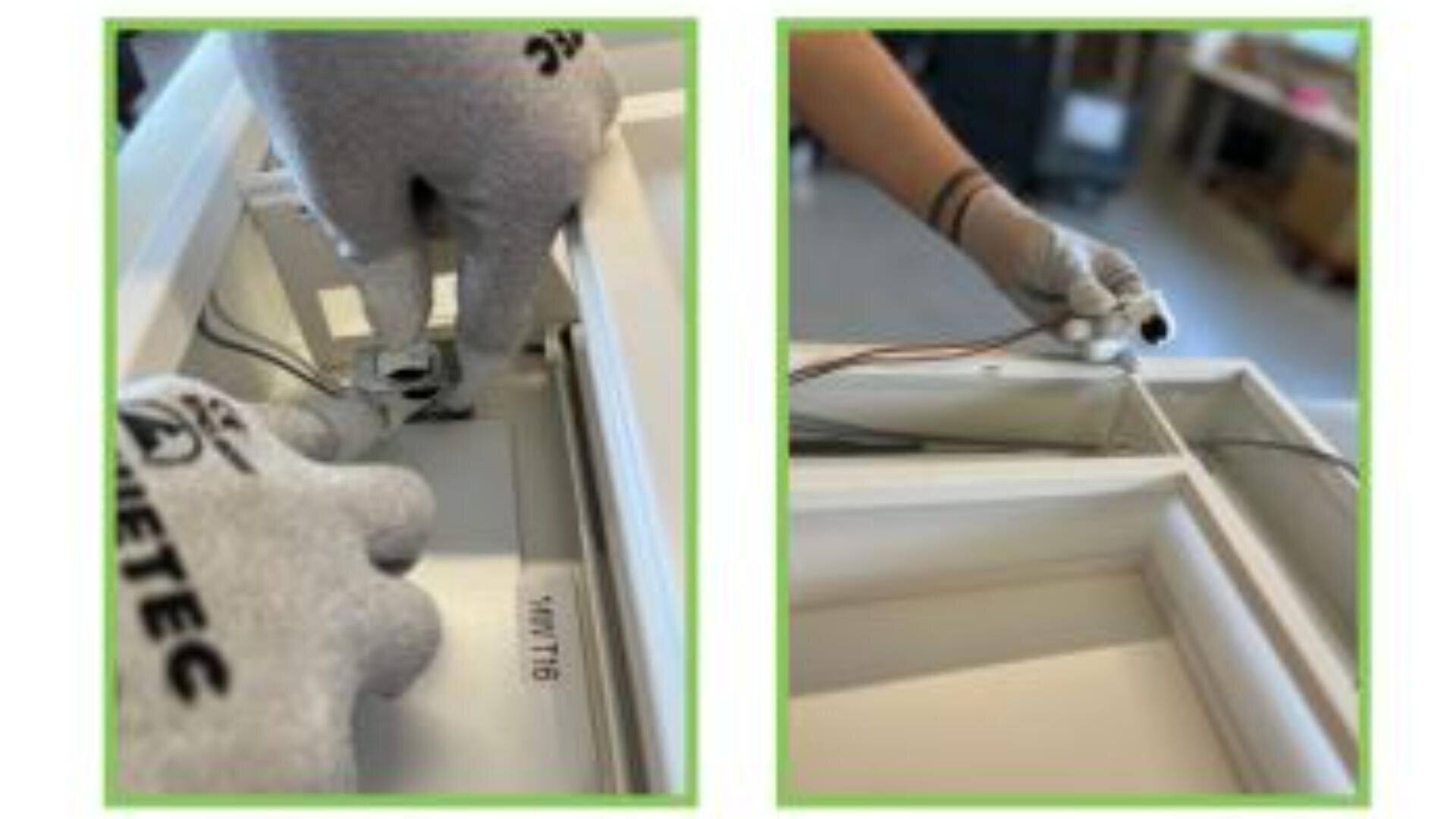 Zwei Bilder zeigen eine Person mit grauen Handschuhen, die elektrische Leitungen in einem weißen, rechteckigen Rahmen oder einer Vorrichtung installiert oder justiert. Die Nahaufnahmen konzentrieren sich auf die Hände und die Drähte.