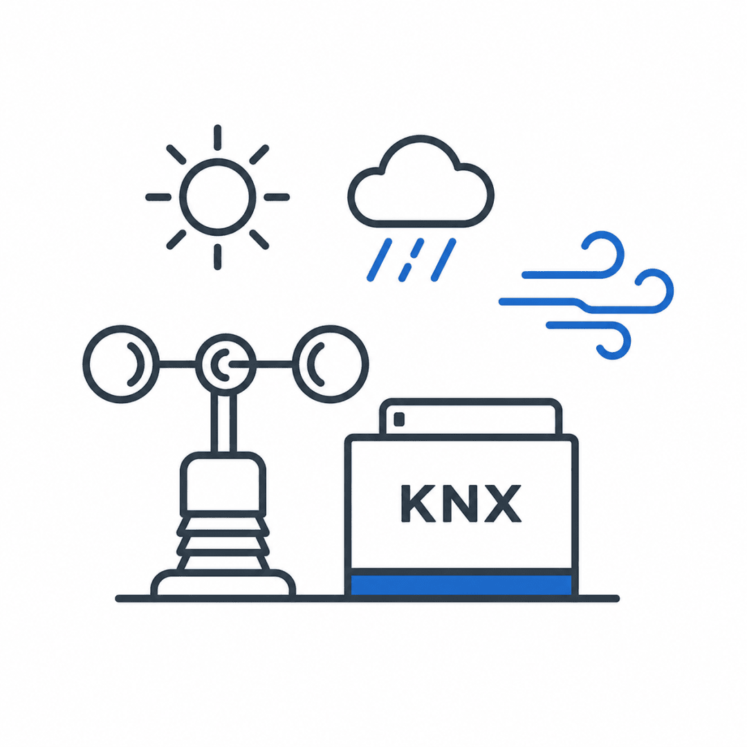 Strichzeichnung einer Wetterstation mit einem Windmesser, Symbolen für Sonne, Wolken und Regen sowie Windsymbolen. Neben den Wetterinstrumenten befindet sich ein Gerät mit der Aufschrift „KNX“.