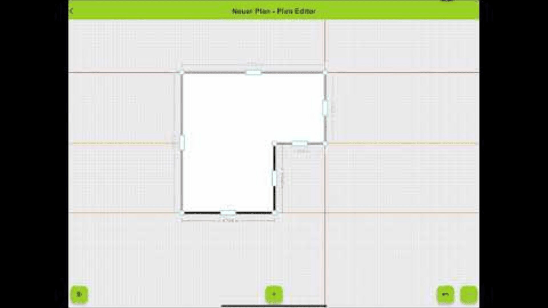 Un éditeur de plan d'étage numérique affiche un plan de pièce simple avec une zone principale rectangulaire et une petite extension, un fond de grille et des icônes de contrôle en haut et en bas de l'écran.