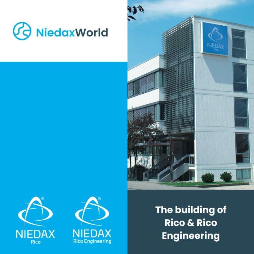 Un immeuble de bureaux blanc et moderne avec une enseigne bleue Niedax-Rico, de grandes fenêtres et un escalier extérieur. Le texte est NiedaxWorld et Le bâtiment de Rico & Rico Engineering avec les logos de Niedax en bas.