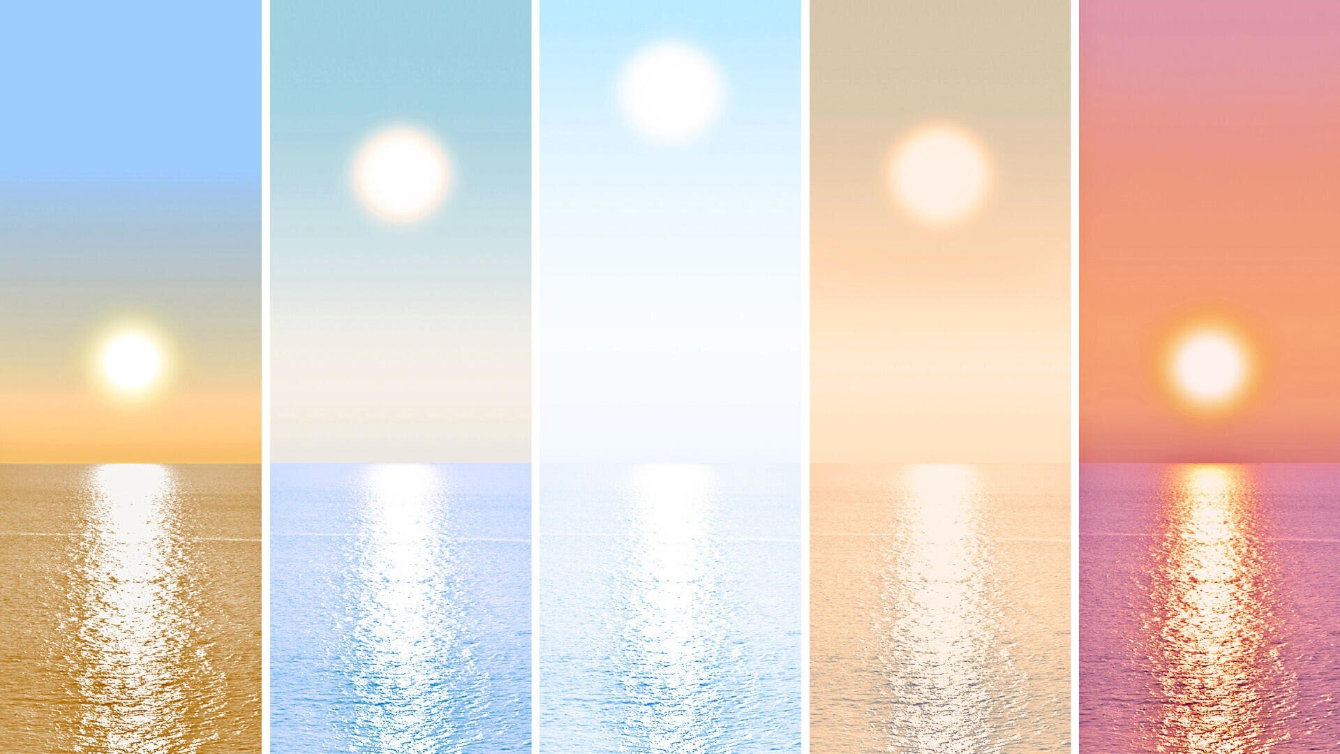 Fünf Tafeln zeigen die Sonne über dem Meer zu verschiedenen Tageszeiten, mit wechselnden Farben des Himmels und des Wassers, die von Blau und Gelb bis hin zu Weiß, Orange und Rosa reichen und das Licht der Sonne auf dem Wasser reflektieren.