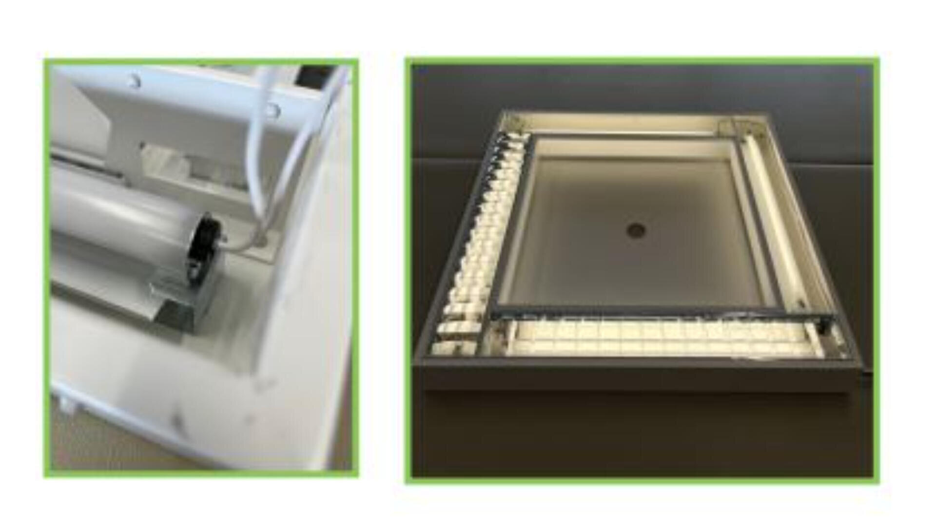 Nahaufnahme einer Leuchtstoffröhre (links) mit Verkabelung und Glühbirne und Draufsicht auf eine rechteckige Deckenleuchte mit freiliegenden Glühbirnen (rechts), beide grün umrandet.