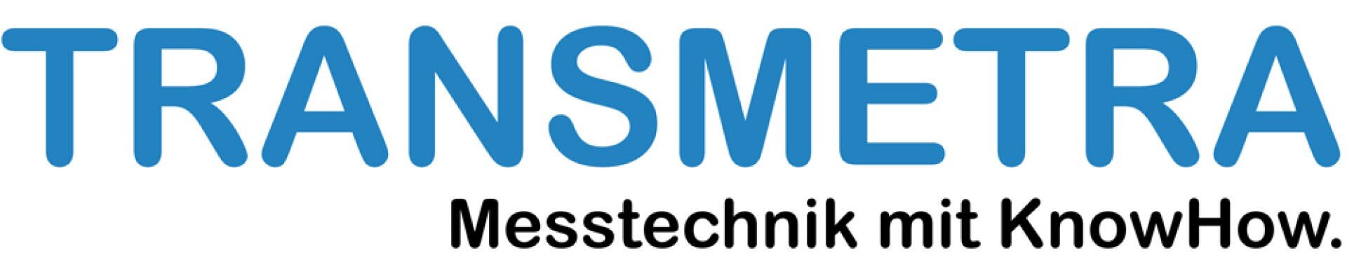 Logo mit dem Wort TRANSMETRA in großen blauen Buchstaben über dem Schriftzug Messtechnik mit KnowHow. in schwarzen Buchstaben.