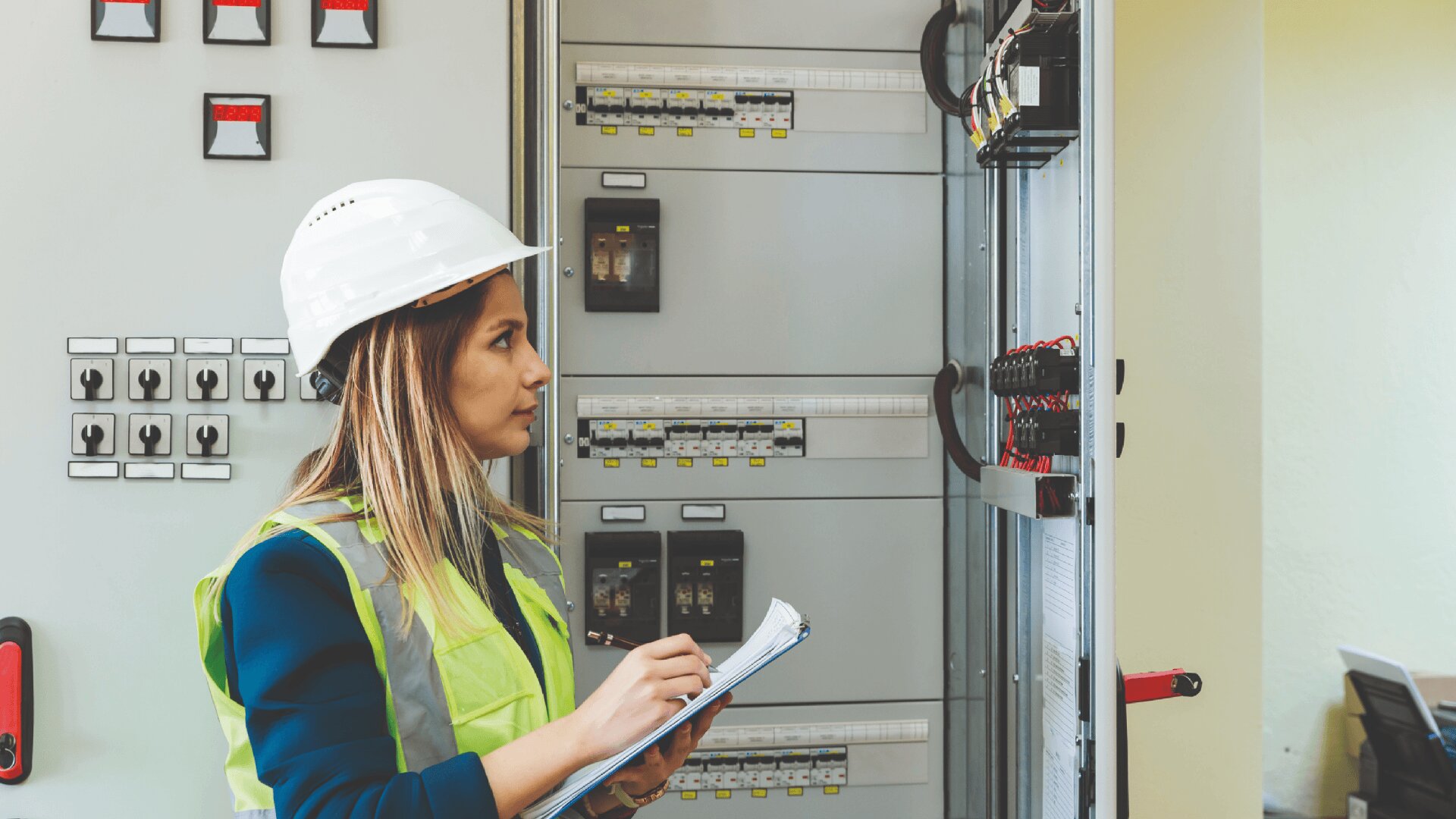 Eine Frau mit weißem Schutzhelm und gelber Sicherheitsweste steht vor einer offenen elektrischen Schalttafel, hält ein Klemmbrett in der Hand und macht sich Notizen.