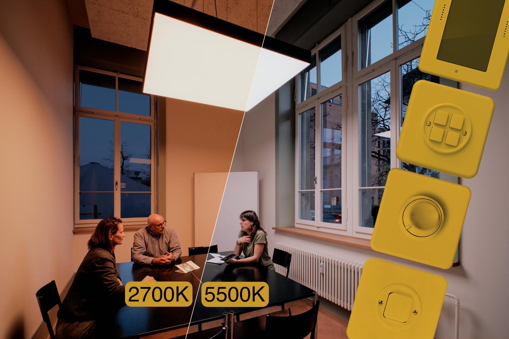 Ein geteilter Bildschirm zeigt einen Besprechungsraum mit zwei Beleuchtungseinstellungen: Warmweiß (2700K) auf der linken Seite und Kaltweiß (5500K) auf der rechten Seite. Auf der rechten Seite werden vier gelbe Lichtregler angezeigt.