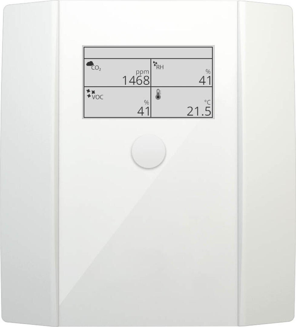 Un moniteur de qualité de l'air blanc mural affichant sur un écran numérique rectangulaire le CO2 à 1468 ppm, les COV et l'HR à 41 % ainsi que la température à 21,5 °C.