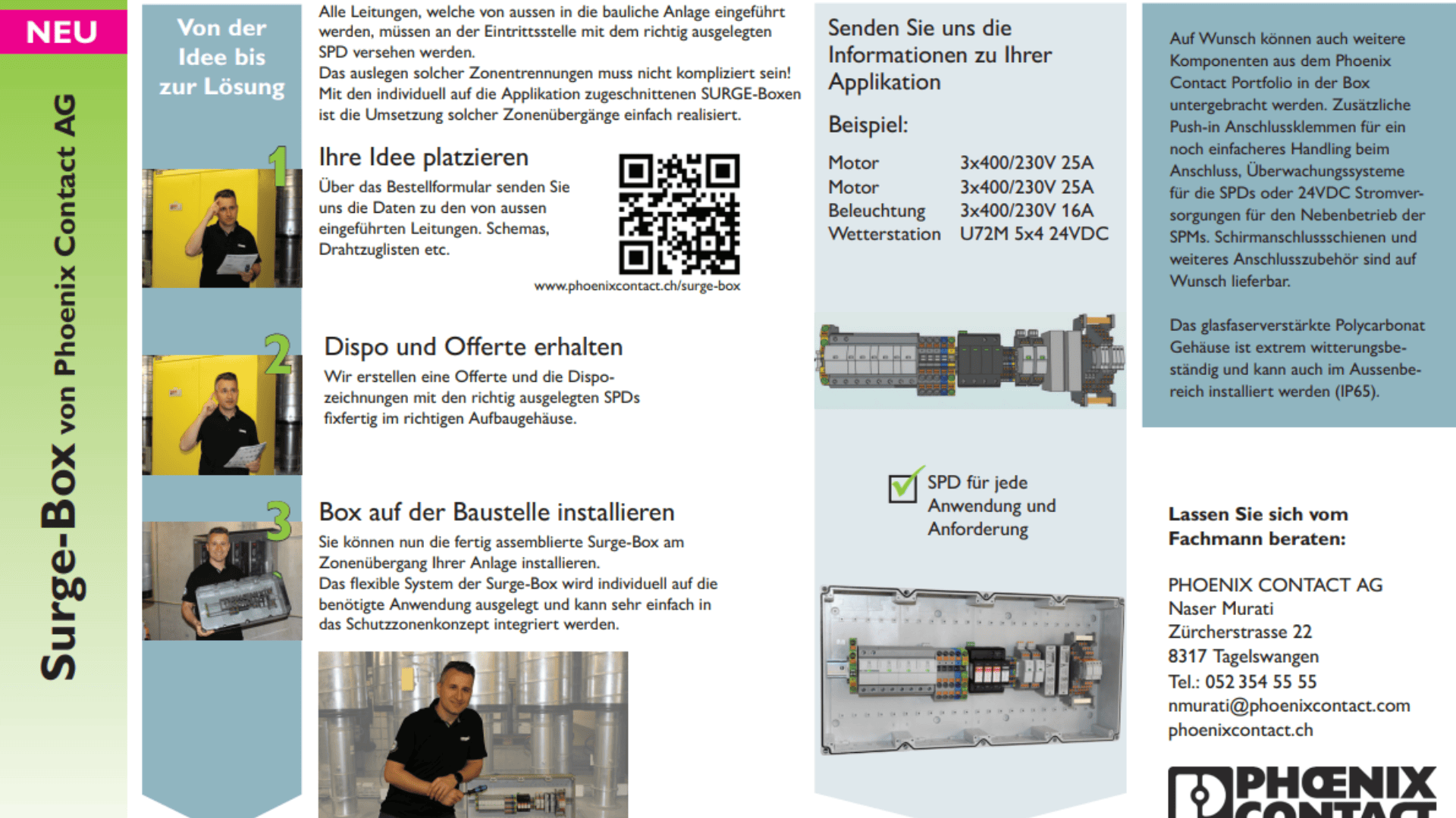 Broschüre für die Surge-Box von Phoenix Contact AG mit Produktbildern, Installationsverfahren und Kontaktinformationen. Enthält eine Schritt-für-Schritt-Anleitung, Fotos eines Mannes mit der Ausrüstung und detaillierte technische Spezifikationen.