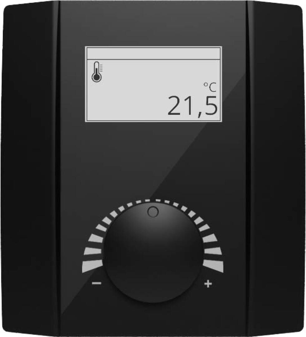 Un thermostat numérique noir avec un écran affichant une température de 21,5°C et une molette de réglage située sous l'écran.