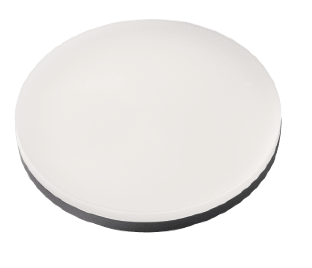 Un disque rond, plat et blanc, bordé d'un fin liseré foncé, ressemblant à un plafonnier minimaliste ou à un gros bouton, sur fond gris clair.