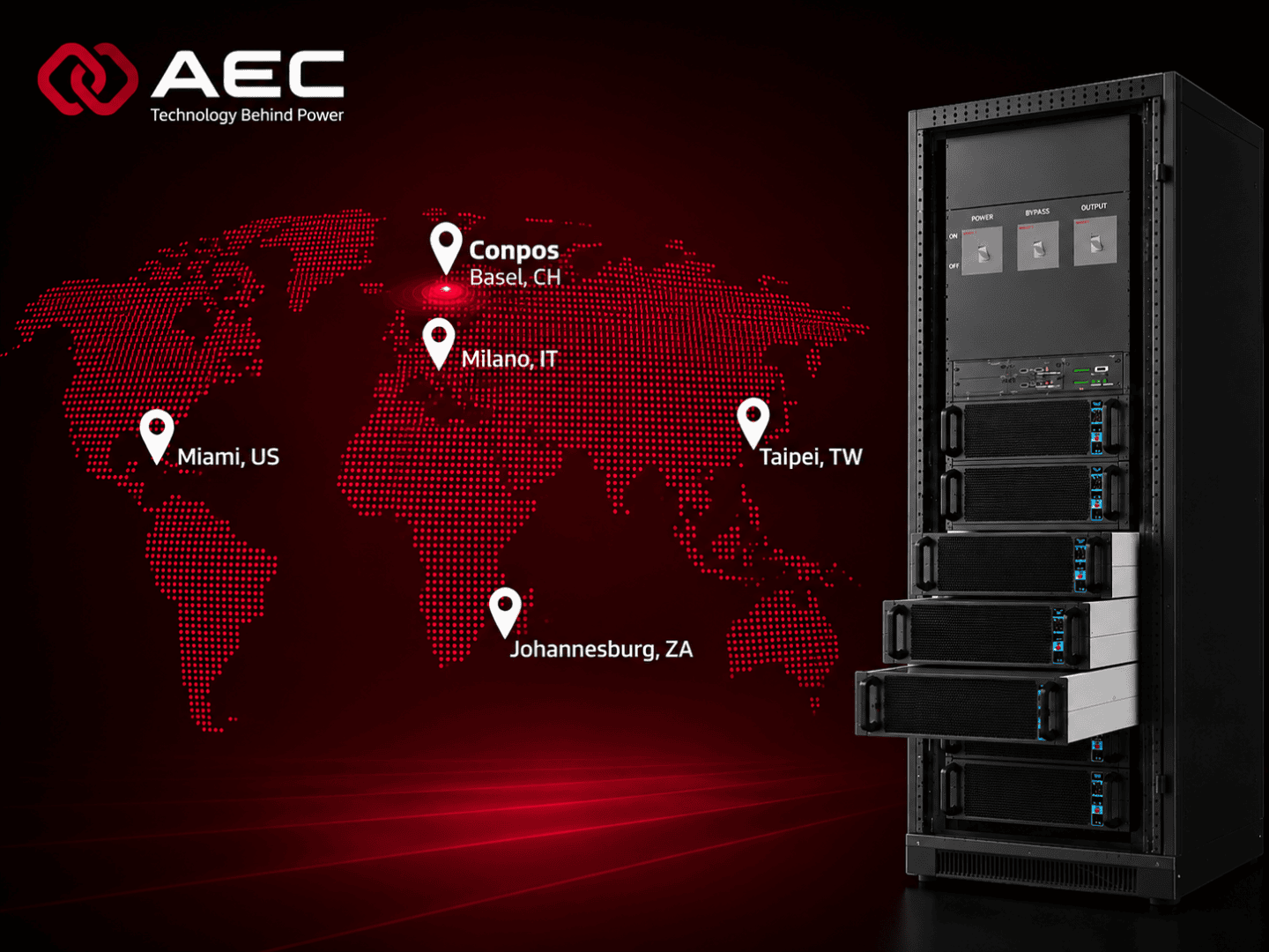 Neben einer roten, gepunkteten Weltkarte, auf der Miami, Basel, Mailand, Taipeh und Johannesburg hervorgehoben sind, steht ein dunkles Server-Rack mit offenen Einschüben; in der oberen linken Ecke sind das AEC-Logo und der Schriftzug „Technology Behind Power“ zu sehen.