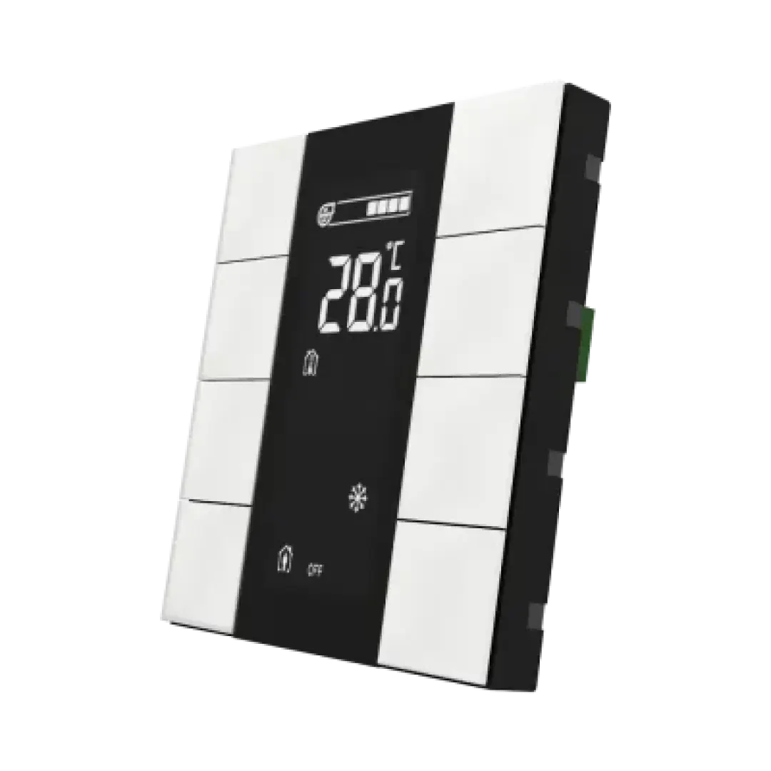Un thermostat numérique moderne doté d'un écran central noir affichant 28 °C ainsi que des icônes représentant une maison, un flocon de neige et un symbole « arrêt ». L'appareil est muni de boutons blancs de chaque côté et présente un design épuré et minimaliste.