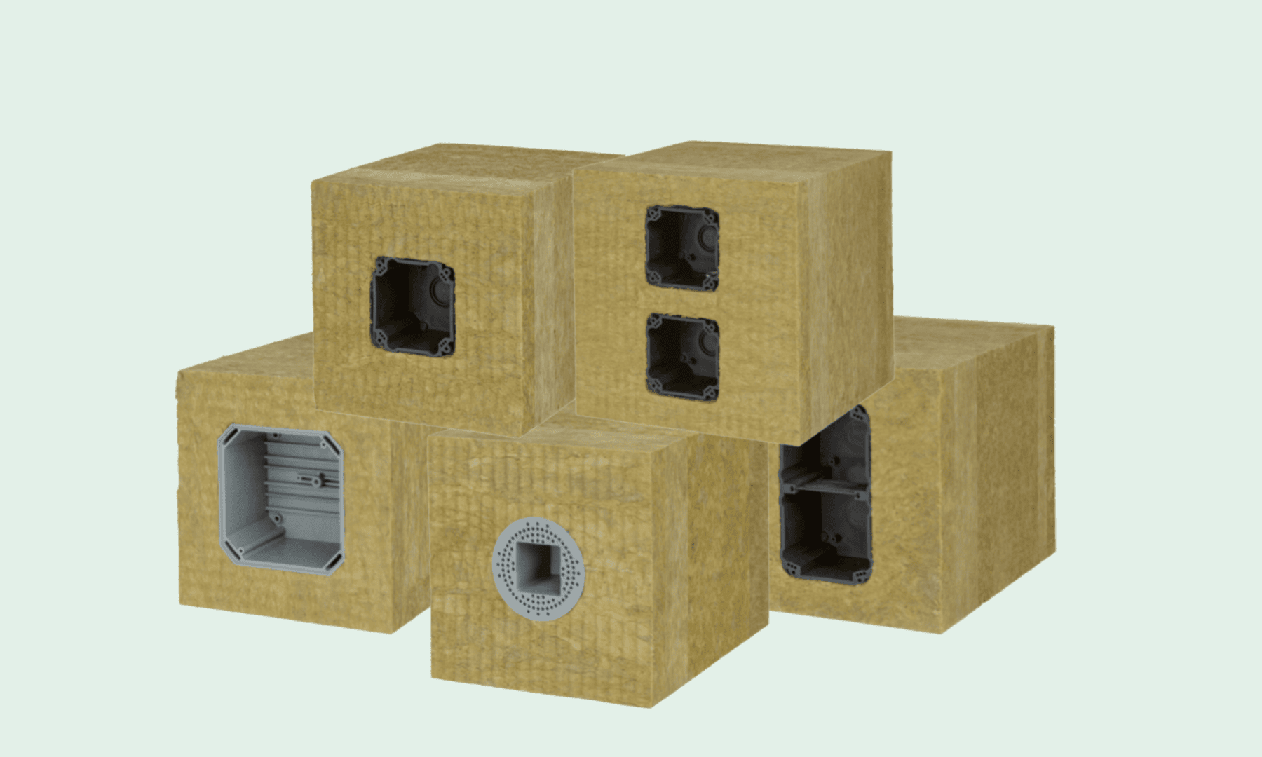 Cinq blocs bruns de forme cubique, dans lesquels on distingue des prises électriques et des gaines, sont empilés sur un fond uni de couleur pâle. Certains blocs présentent une ou deux ouvertures pour prises électriques ; l'un d'entre eux comporte une ouverture ronde.