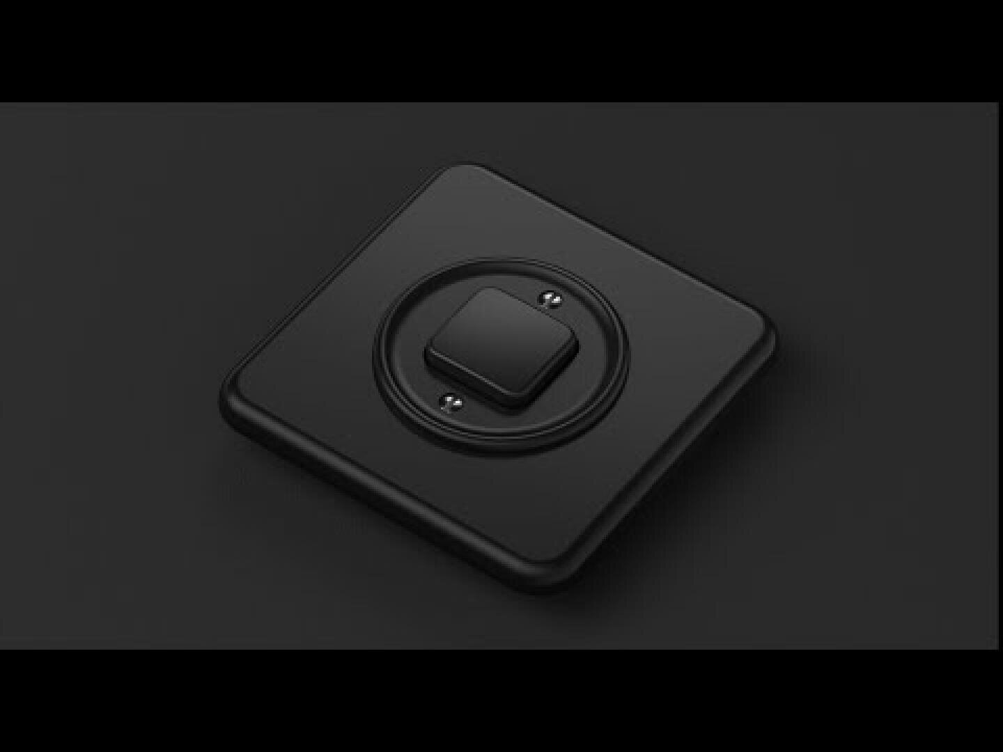 Ein schwarzer, quadratischer Lichtschalter mit einer zentralen Taste und zwei kleinen Schrauben auf einem schwarzen Hintergrund, der ein schlichtes, minimalistisches Aussehen erzeugt.