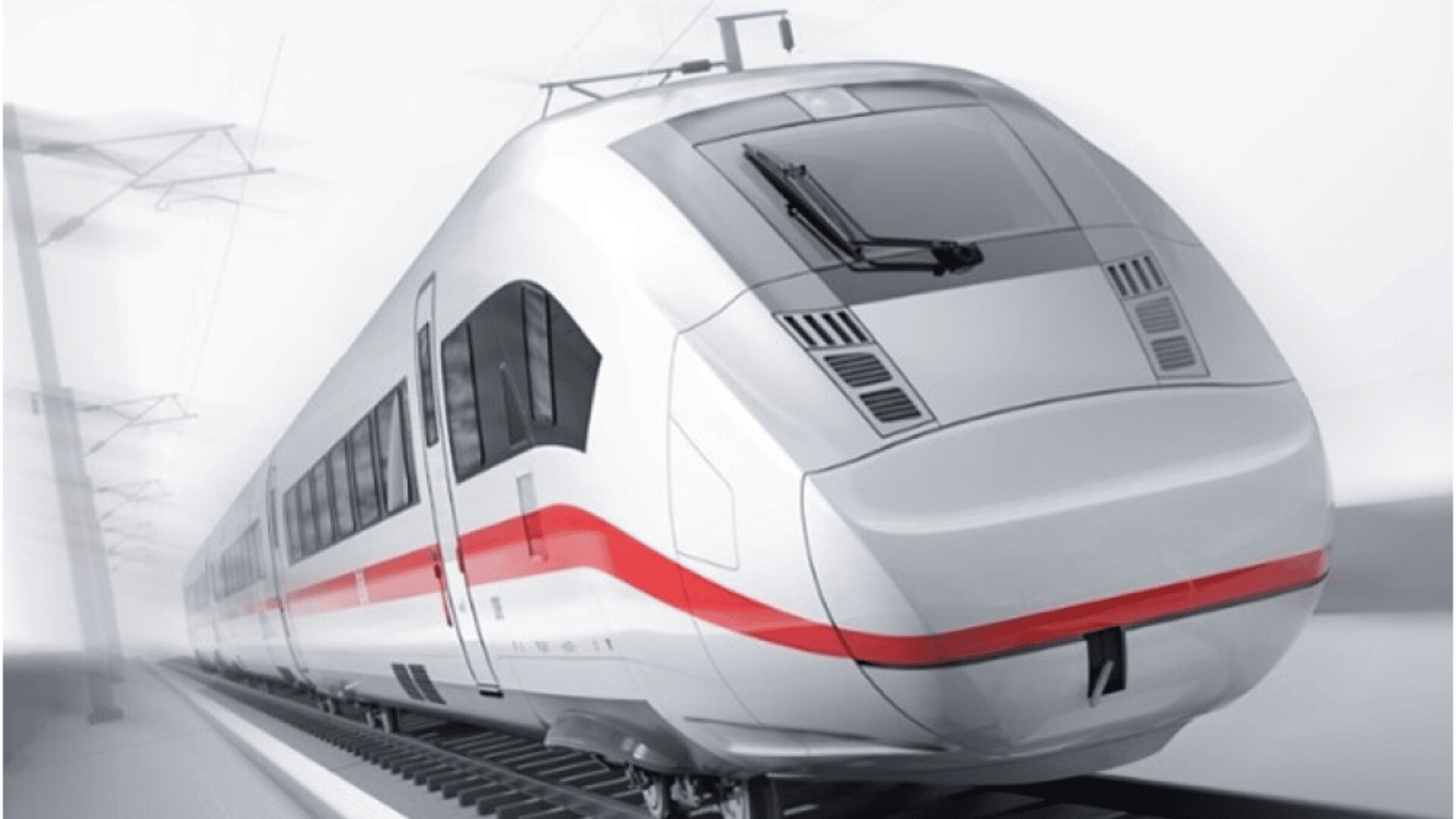 Un train moderne à grande vitesse blanc avec une bande rouge circule sur les rails, entouré d'un arrière-plan épuré et minimaliste.