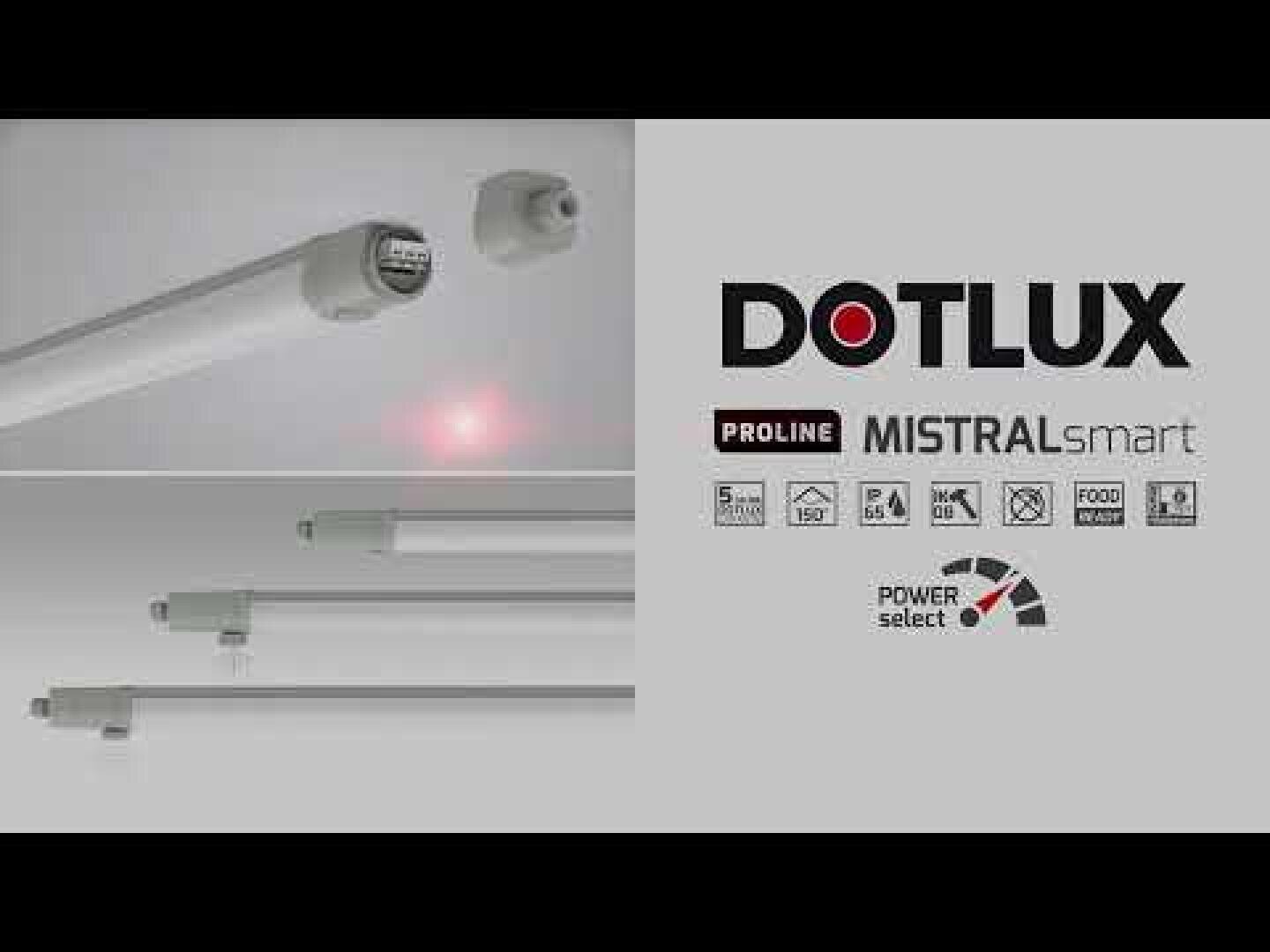 Luminaire tubulaire LED DOTLUX PROLINE MISTRALsmart, avec les symboles indiquant l'indice de protection IP65, la rotation à 360°, la compatibilité alimentaire et le choix de puissance. À gauche, on peut voir trois illustrations des tubes LED.