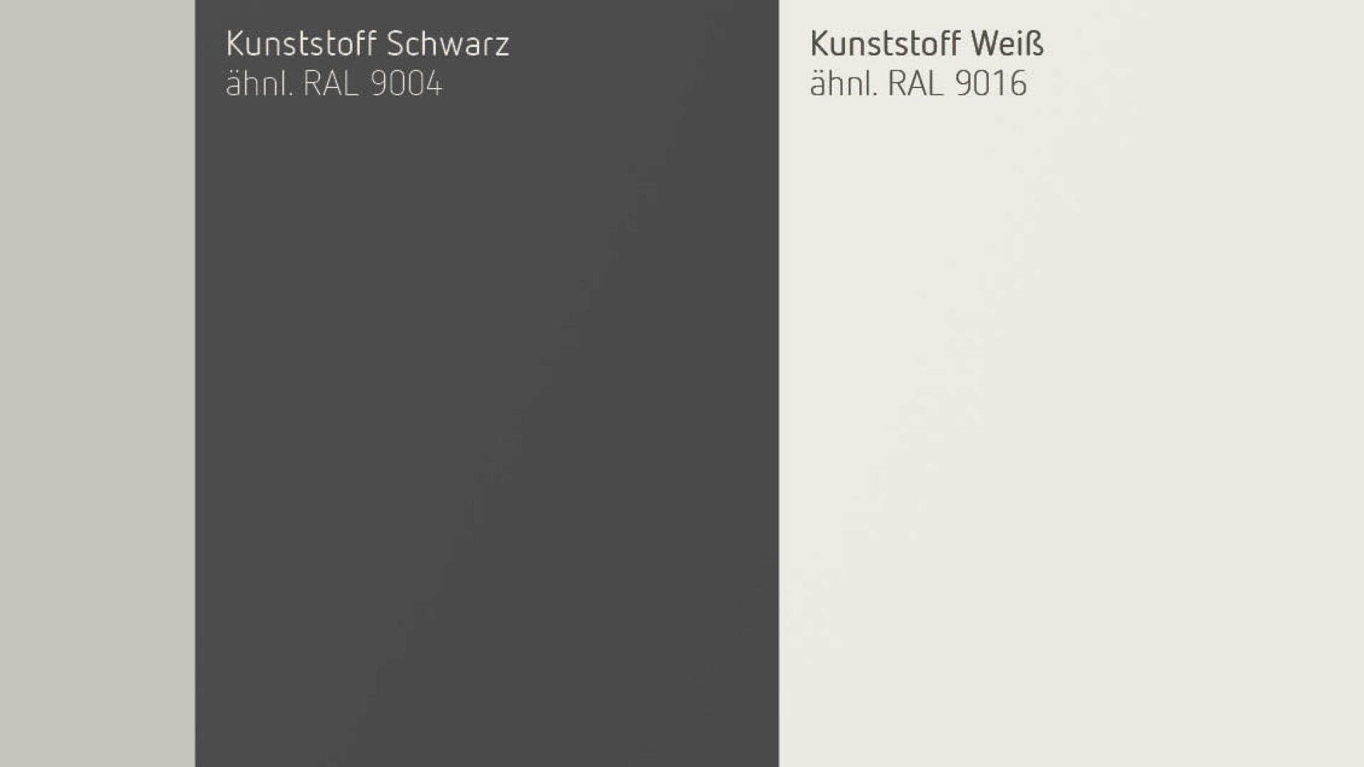 Drei vertikale Farbblöcke mit deutscher Beschriftung: hellgrau (links: Kunststoff Schwarz, ähnlich RAL 9004), dunkelgrau (Mitte: Kunststoff Weiß, ähnlich RAL 9016) und wollweiß (rechts: keine Beschriftung).