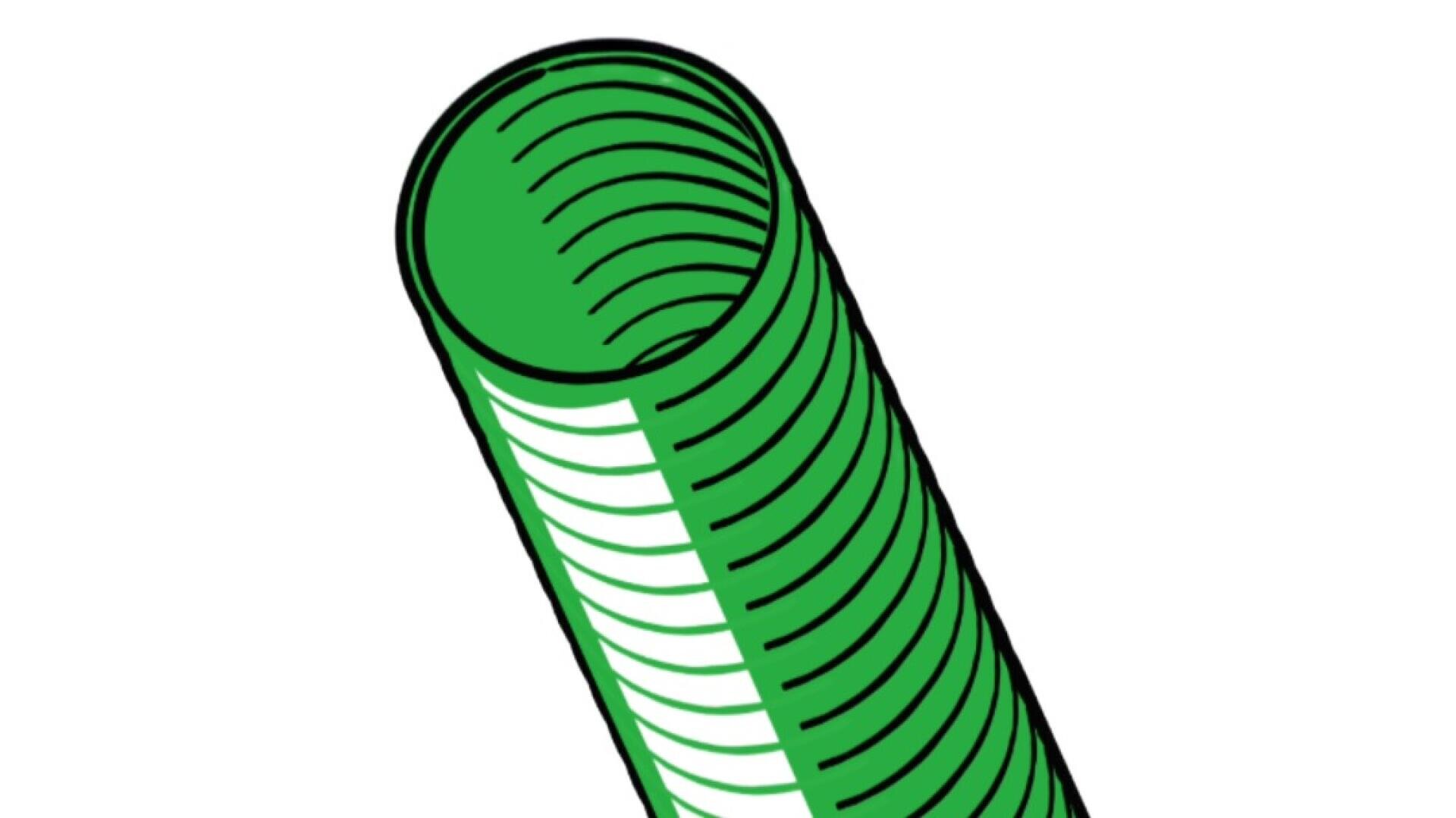 Ein grünes, geripptes, zylindrisches Rohr mit schwarzen Konturen, das schräg auf weißem Hintergrund abgebildet ist. Die inneren spiralförmigen Rippen sind sichtbar und vermitteln einen Eindruck von Tiefe.