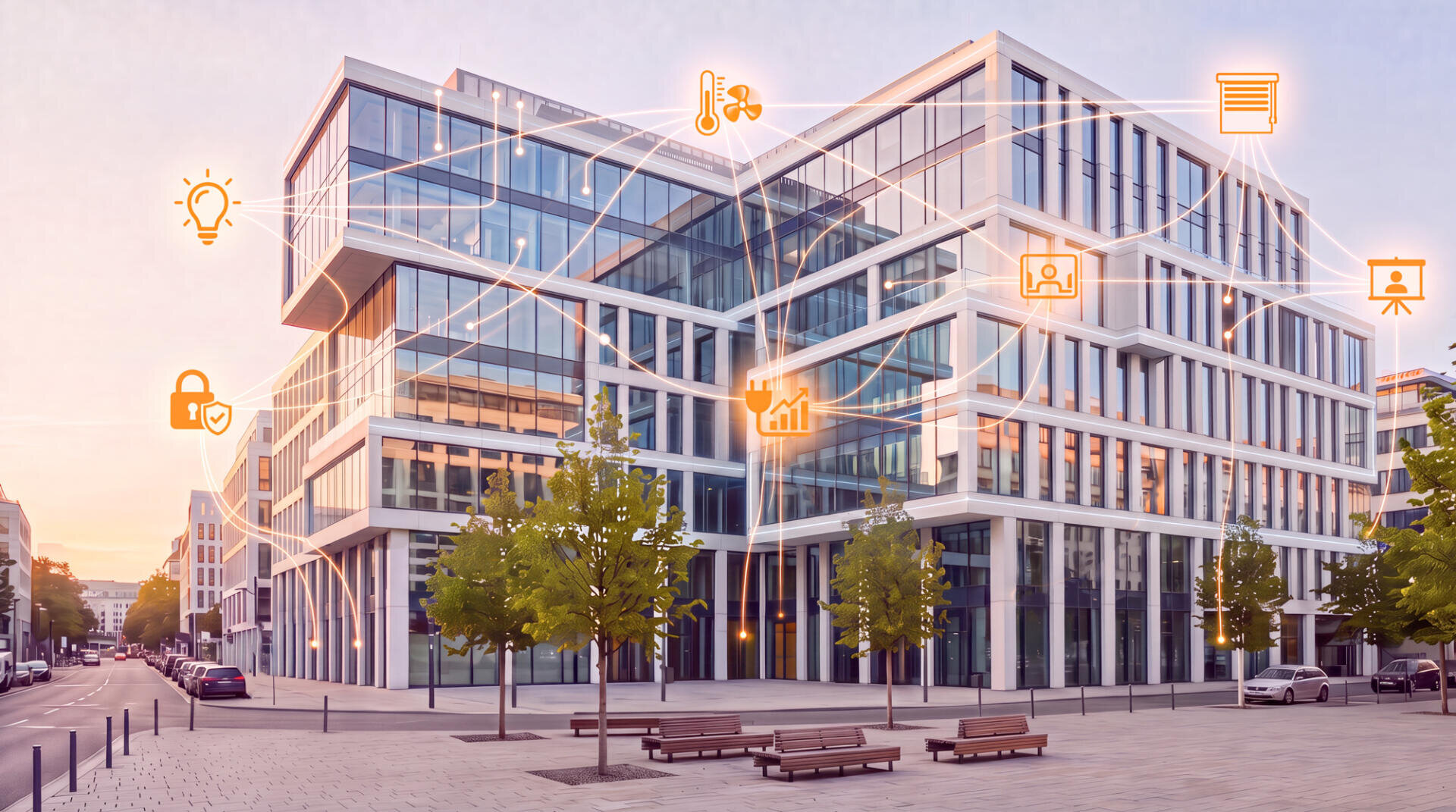 Modernes Bürogebäude aus Glas mit Symbolen für intelligente Technologien wie Temperaturregelung, Sicherheit und Beleuchtung, die durch leuchtende Linien miteinander verbunden sind und digitale Vernetzung und Automatisierung symbolisieren. Vor dem Gebäude stehen Bäume und Bänke.
