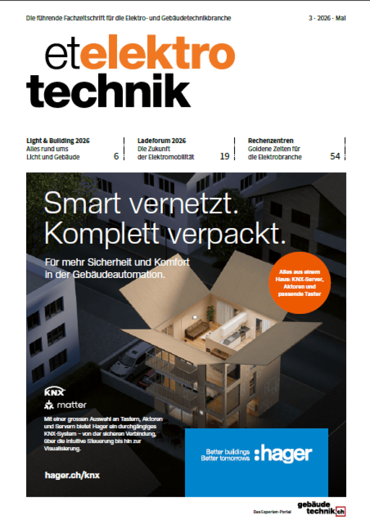 Une de du magazine allemand « et elektrotechnik » présentant des titres, une application de gestion de la maison connectée, une clé dorée, une carte mère ainsi que les logos de Hager et KNX. Le texte met l'accent sur la sécurité des bâtiments, le confort et la domotique.