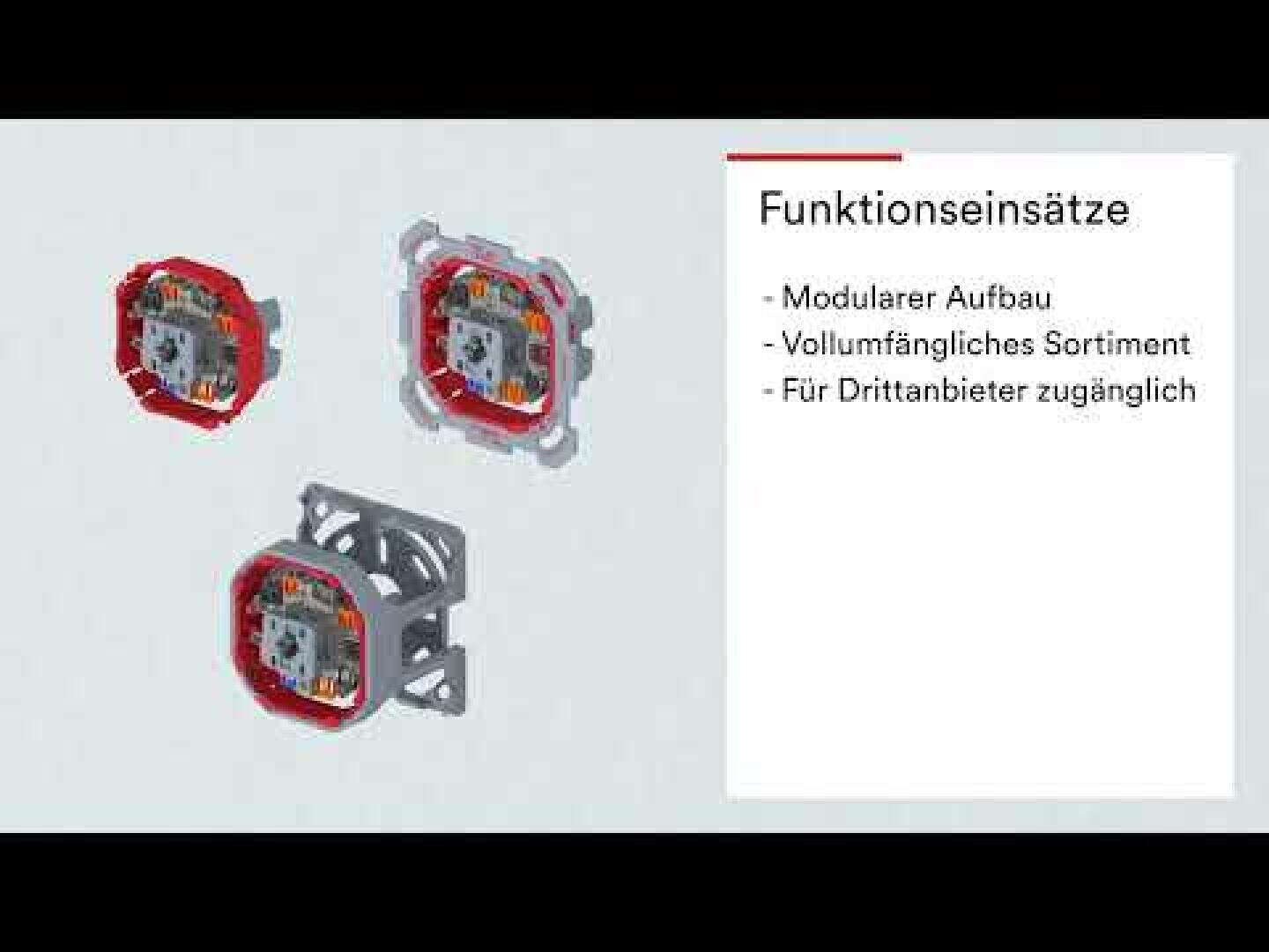 Links sind drei modulare, runde elektrische Komponenten abgebildet. Rechts werden in deutscher Sprache die Merkmale beschrieben: modularer Aufbau, umfangreiches Sortiment und Zugänglichkeit für Drittanbieter.