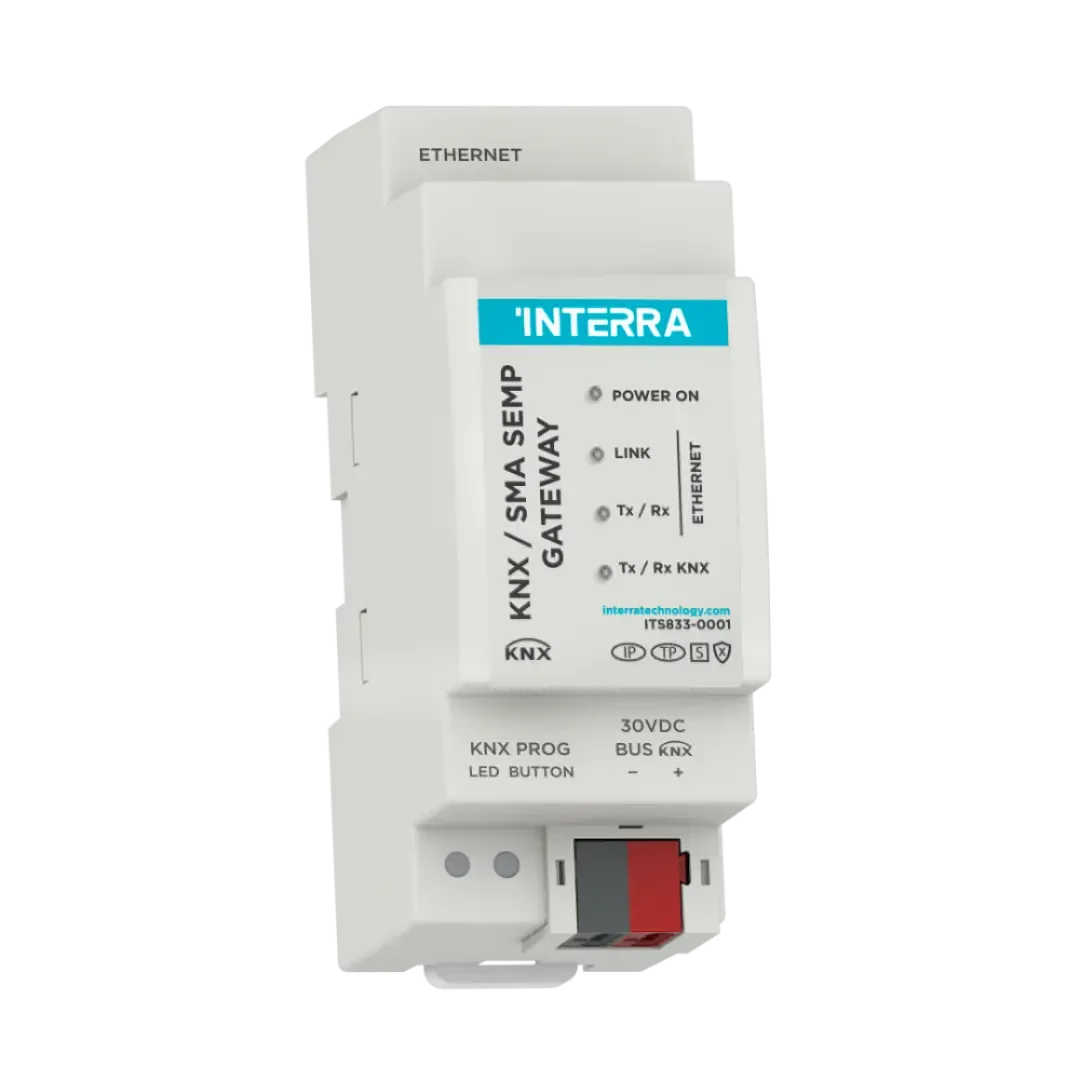 Weißes KNX/SMA-SEMP-Gateway der Marke Interra, ausgestattet mit Leuchtanzeigen, beschrifteten Tasten und Anschlüssen für Ethernet- und KNX-Bus-Verbindungen, konzipiert für die Montage auf einer DIN-Schiene.