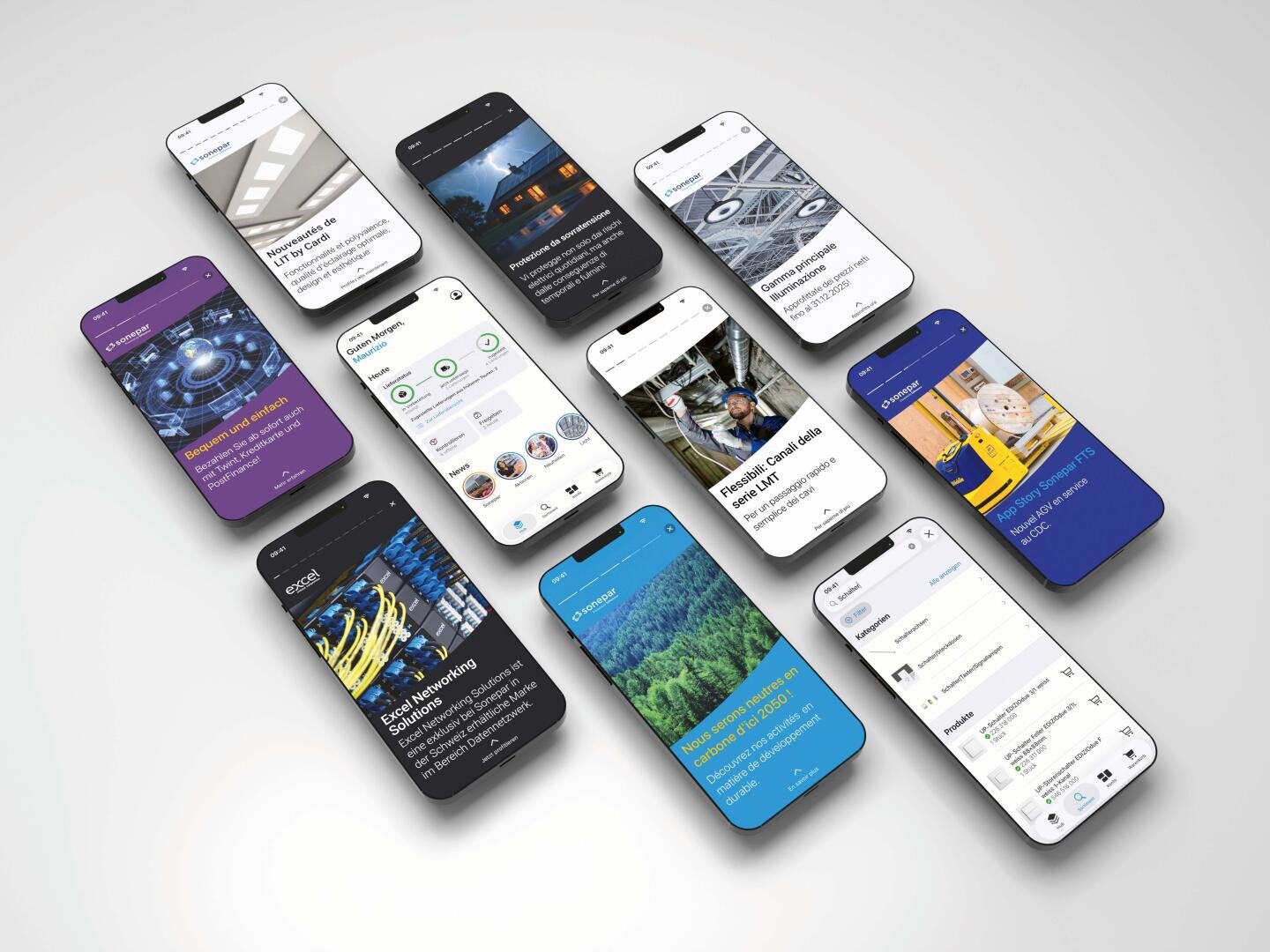 Neuf smartphones sont disposés sur une surface claire ; chacun d'entre eux affiche différents écrans d'applications présentant divers articles d'actualité, images, graphiques et interfaces utilisateur dans une palette de couleurs composée de bleu, de blanc et de noir.