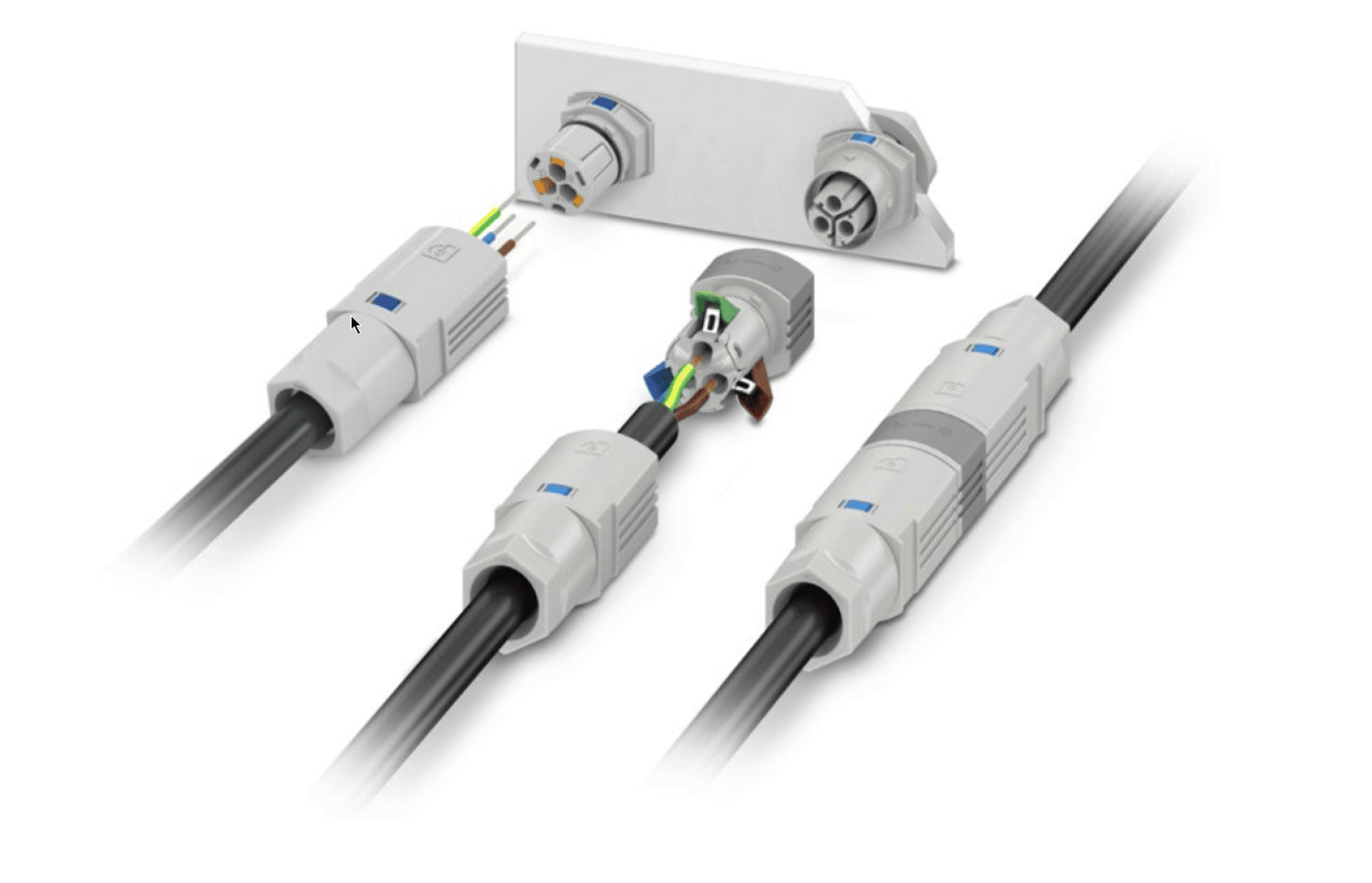 Vier weiße elektrische Industriesteckverbinder mit schwarzen Kabeln sind in getrennten und zusammengesetzten Ansichten neben einer weißen Montageplatte mit Steckverbinderanschlüssen abgebildet. In einem der Steckverbinder sind farbige Drähte zu sehen.