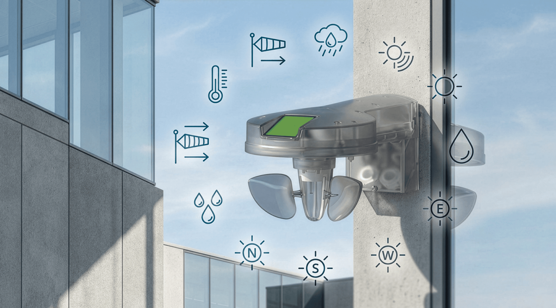Ein an einer Außenwand montierter Wettersensor, umgeben von Symbolen für Wind, Temperatur, Regen, Luftfeuchtigkeit und Sonneneinstrahlung, im Hintergrund ein modernes Glasgebäude.