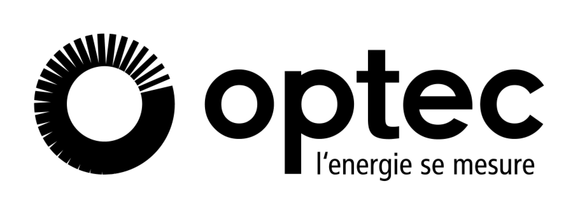 Logo d'Optec avec un dessin circulaire noir et gras à gauche et le mot "optec" en minuscules à droite. En dessous d'optec, en texte plus petit, se trouve le slogan français "l'énergie se mesure".