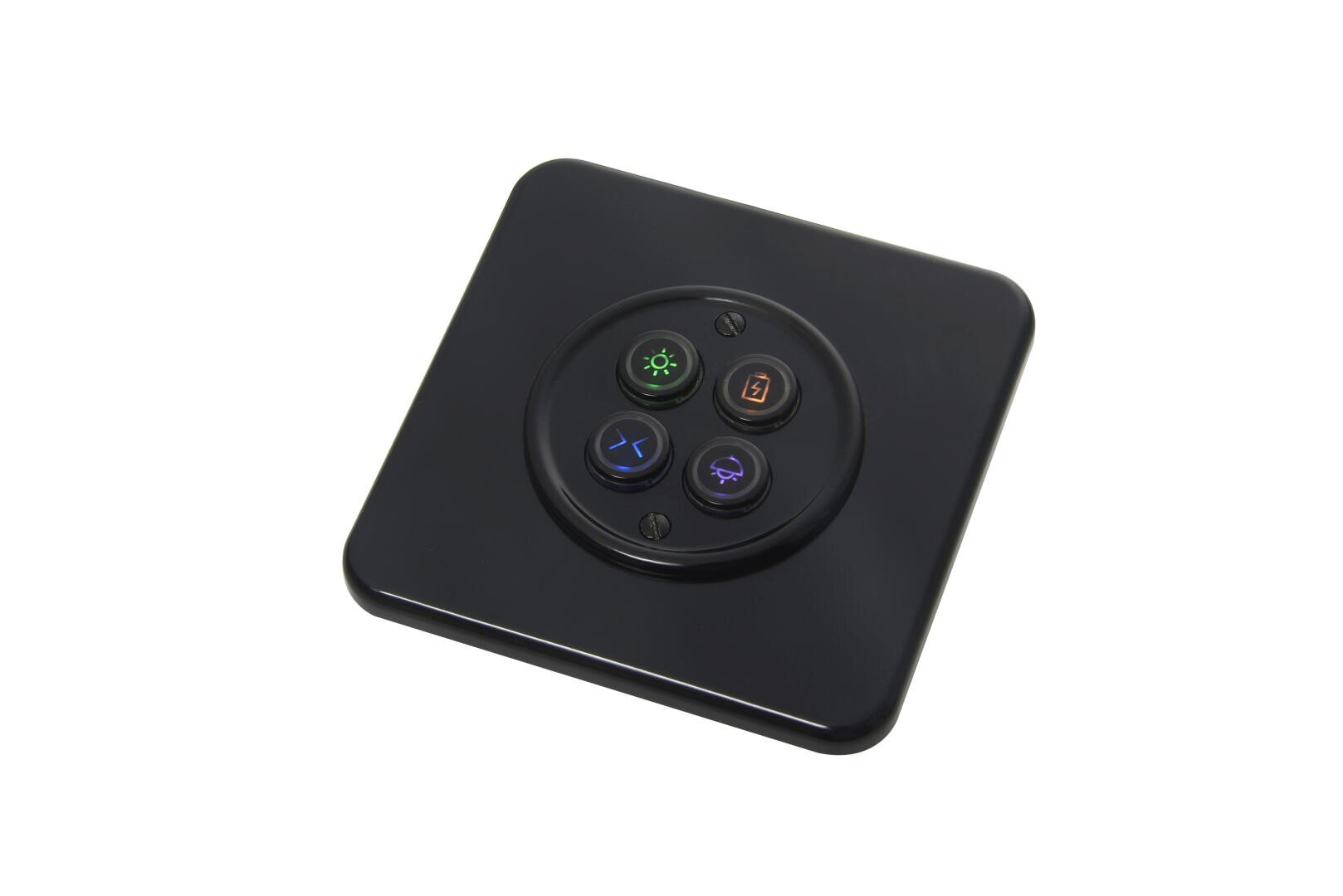 Ein schwarzes, quadratisches elektronisches Bedienfeld mit vier kreisförmigen, farbigen Tasten mit Symbolen: eine grüne Sonne, ein orangefarbenes Schloss, ein blauer Pfeil und ein lila Fächer. Das Bedienfeld hat eine glänzende Oberfläche und ist vor einem weißen Hintergrund fotografiert.