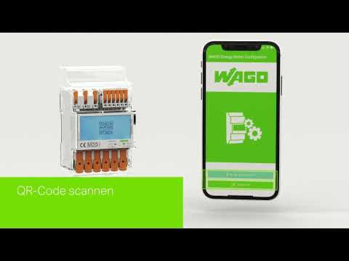 Ein WAGO-Elektrogerät wird neben einem Smartphone gezeigt, auf dem die WAGO-App mit grünem Hintergrund und Symbolen angezeigt wird. Darunter steht der Text "QR-Code scannen" auf Deutsch.