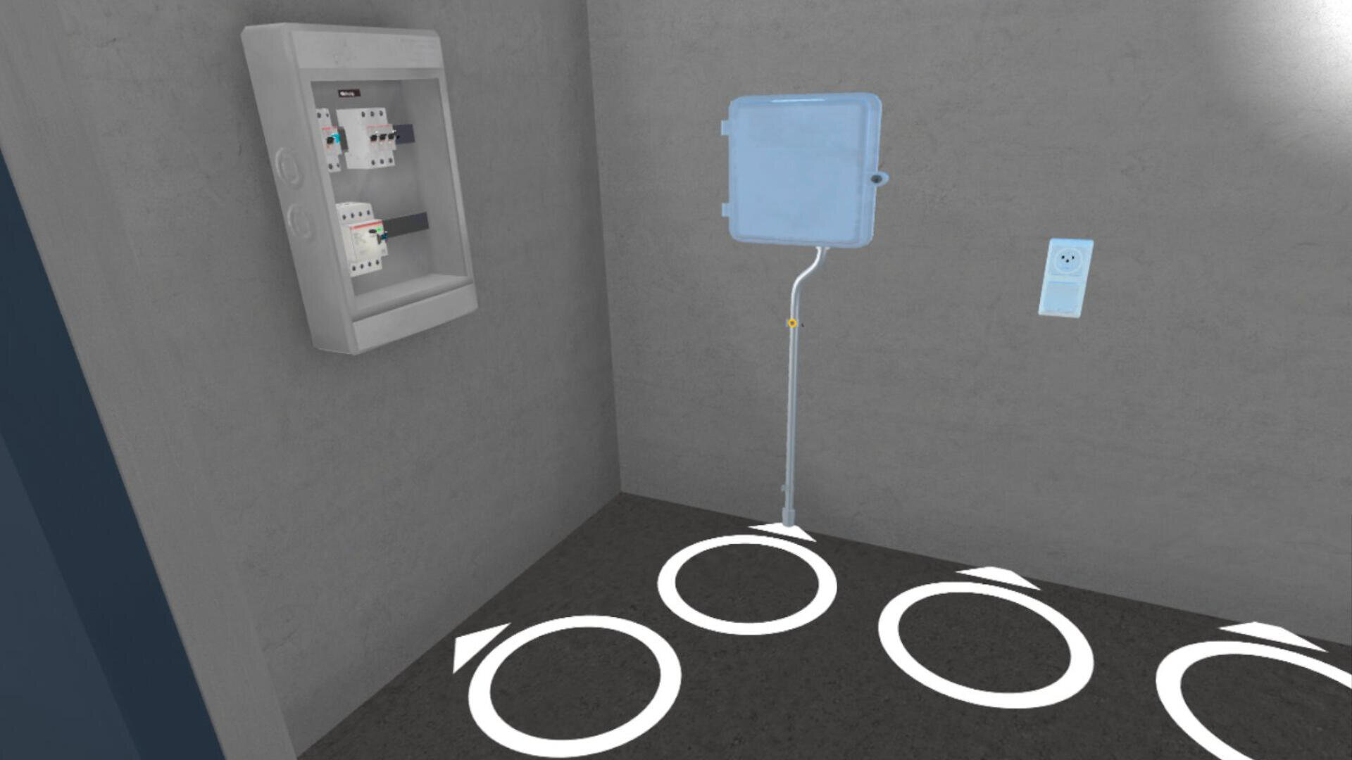 Eine graue Raumecke mit einer elektrischen Schalttafel an der linken Wand, einem blauen Verteilerkasten mit Leitungen an der Rückwand und einem kleinen Wandschalter. Auf dem dunklen Boden sind weiße Kreise mit Pfeilen markiert.