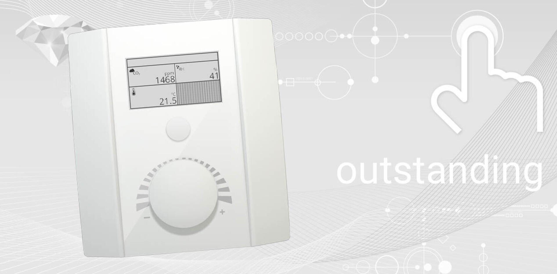 Un thermostat numérique avec écran et bouton rotatif sur un fond gris avec des graphiques techniques abstraits, un diamant, un symbole tactile et le mot "outstanding" en blanc.
