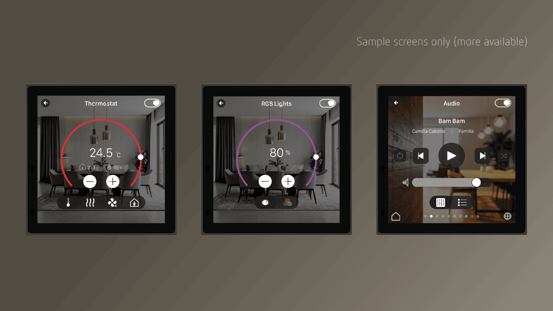 Drei Touchscreen-Bedienfelder für Smart Home: Das erste zeigt die Thermostateinstellungen an, das zweite steuert die RGB-Beleuchtung, und das dritte zeigt die Audiowiedergabe an, alles vor einem neutralen Hintergrund mit dem Text "Nur Beispielbildschirme (weitere verfügbar)".