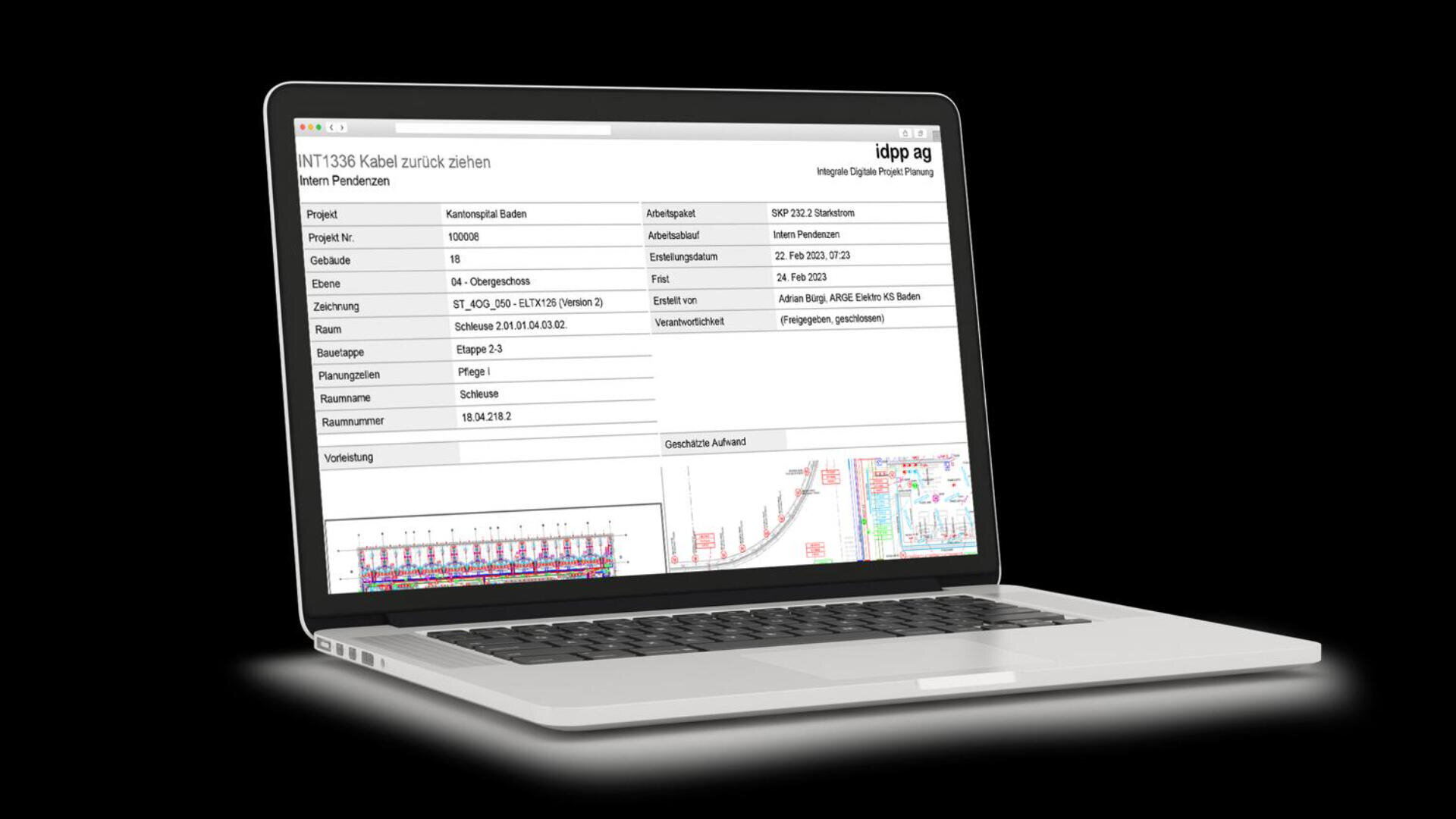 Ein silberner Laptop mit schwarzer Tastatur zeigt eine technische Projektübersicht in deutscher Sprache mit Datentabellen, einem kleinen Diagramm und dem Logo "idpp ag" auf dem Bildschirm, alles vor einem schwarzen Hintergrund.