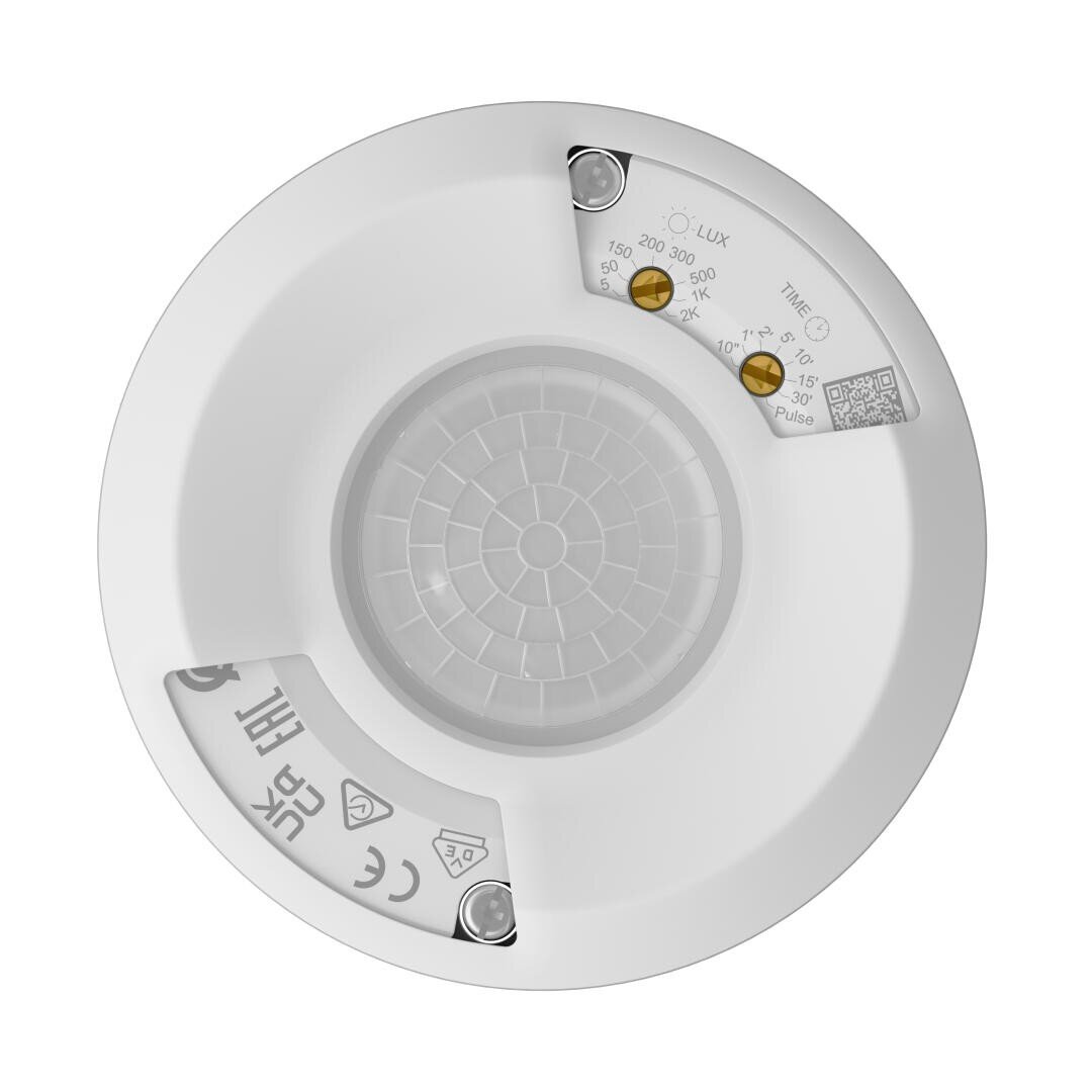 Kreisförmiger weißer Deckenbewegungsmelder mit Einstellrädern und Anzeigeetiketten, von unten gesehen. In der Mitte befindet sich eine gitterartige Sensorlinse, und auf dem Gerät sind mehrere Symbole und Zahlen aufgedruckt.