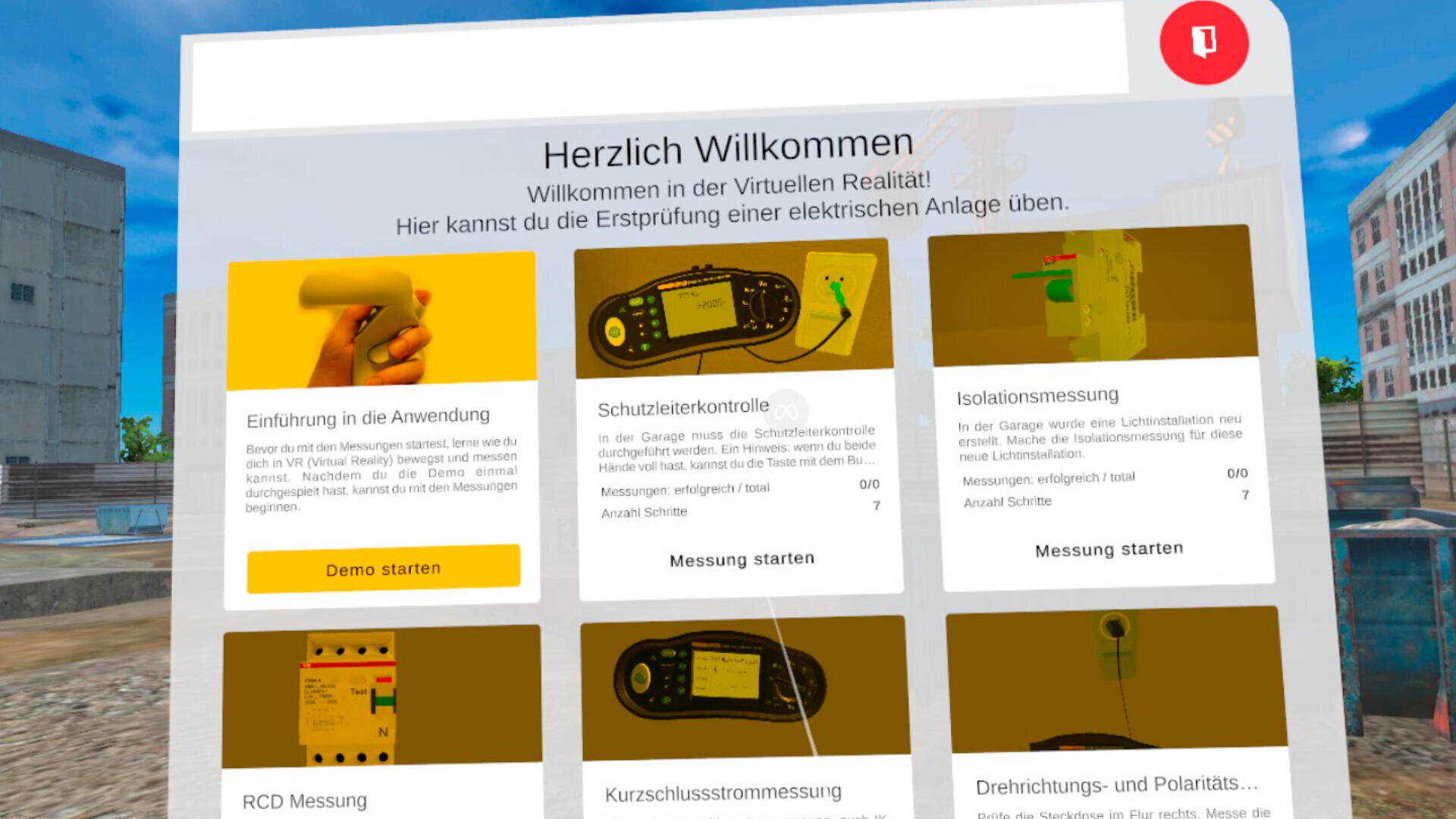Eine deutschsprachige Virtual-Reality-Oberfläche zeigt Schulungsmodule für Aufgaben in elektrischen Anlagen, darunter Einführungen, Sicherheitsprüfungen, Isolationsmessungen und andere. Über Schaltflächen können die Benutzer Demos oder Messübungen starten.