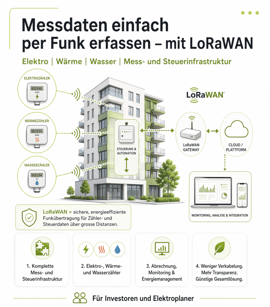 Eine Grafik zeigt ein modernes Mehrfamilienhaus mit Symbolen, die die drahtlose Messung von Strom, Wärme und Wasser mit LoRaWAN-Technologie, Gateways und Cloud-Integration veranschaulichen; der Text hebt die Vorteile und Systemkomponenten hervor.