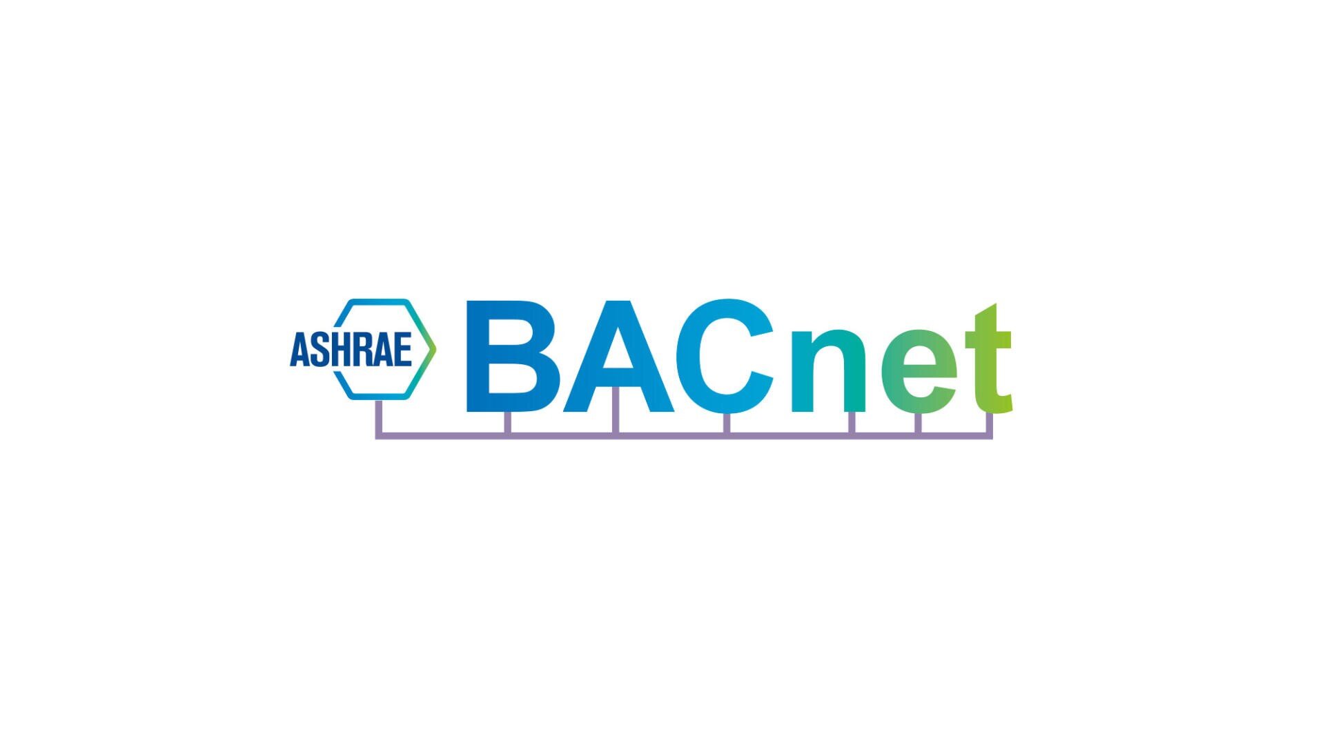 Le logo ASHRAE-BACnet, composé du mot « ASHRAE » inscrit dans un hexagone, suivi de « BACnet » en lettres bleues et vertes, tous ces éléments étant reliés entre eux par une fine ligne horizontale située sous le texte, sur fond blanc.