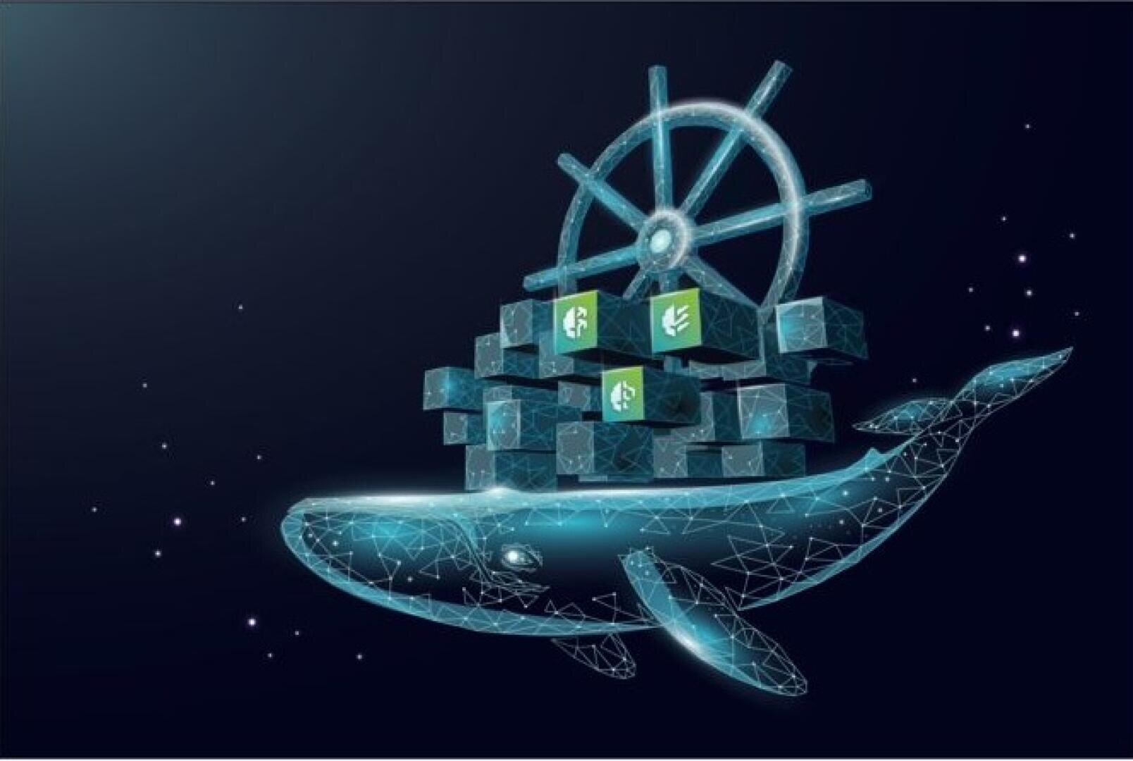Eine digitale Illustration eines Wals aus blauen Wireframe-Linien, der gestapelte Würfel mit Kubernetes- und Blattsymbolen auf dem Rücken trägt, und ein großes Schiffsruder über den Würfeln, alles vor einem dunklen Hintergrund.