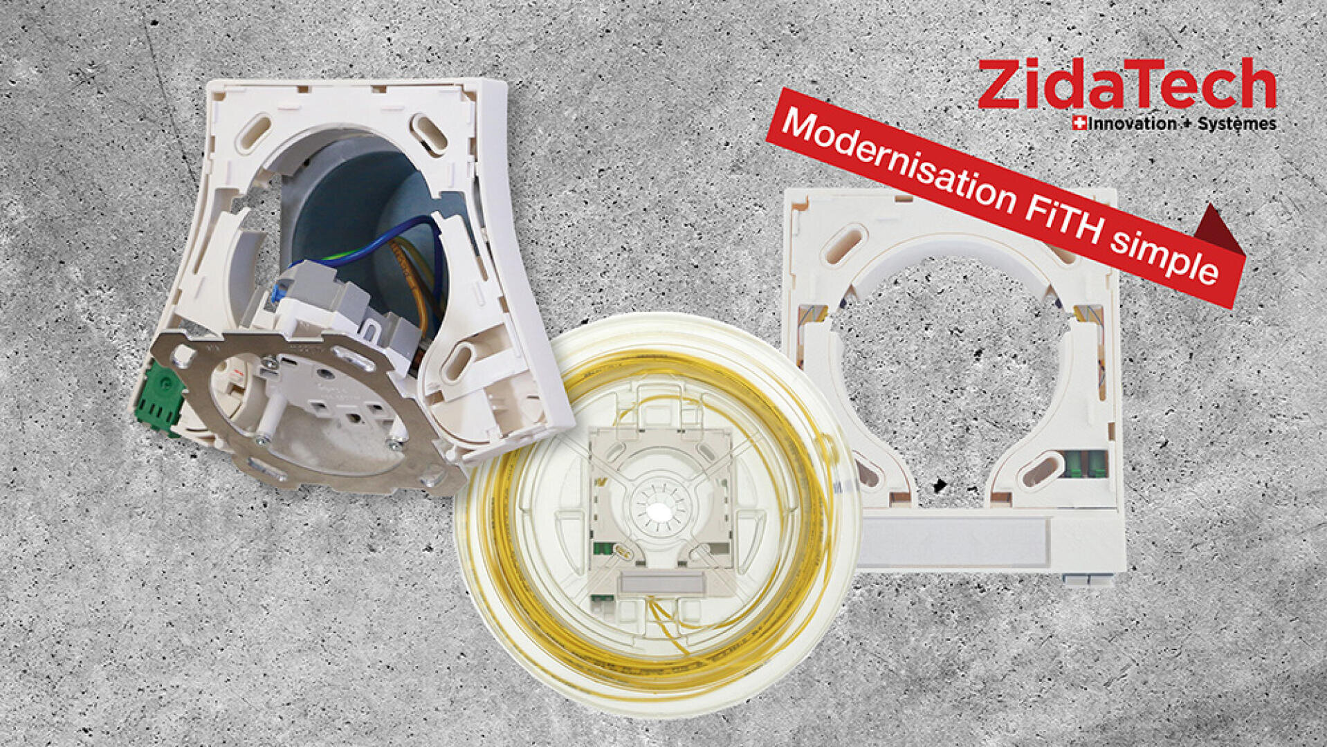 Trois composants électriques en plastique blanc et jaune sont présentés sur un fond de béton gris. Le logo ZidaTech et la phrase Modernisation FiTH Simple apparaissent dans le coin supérieur droit.