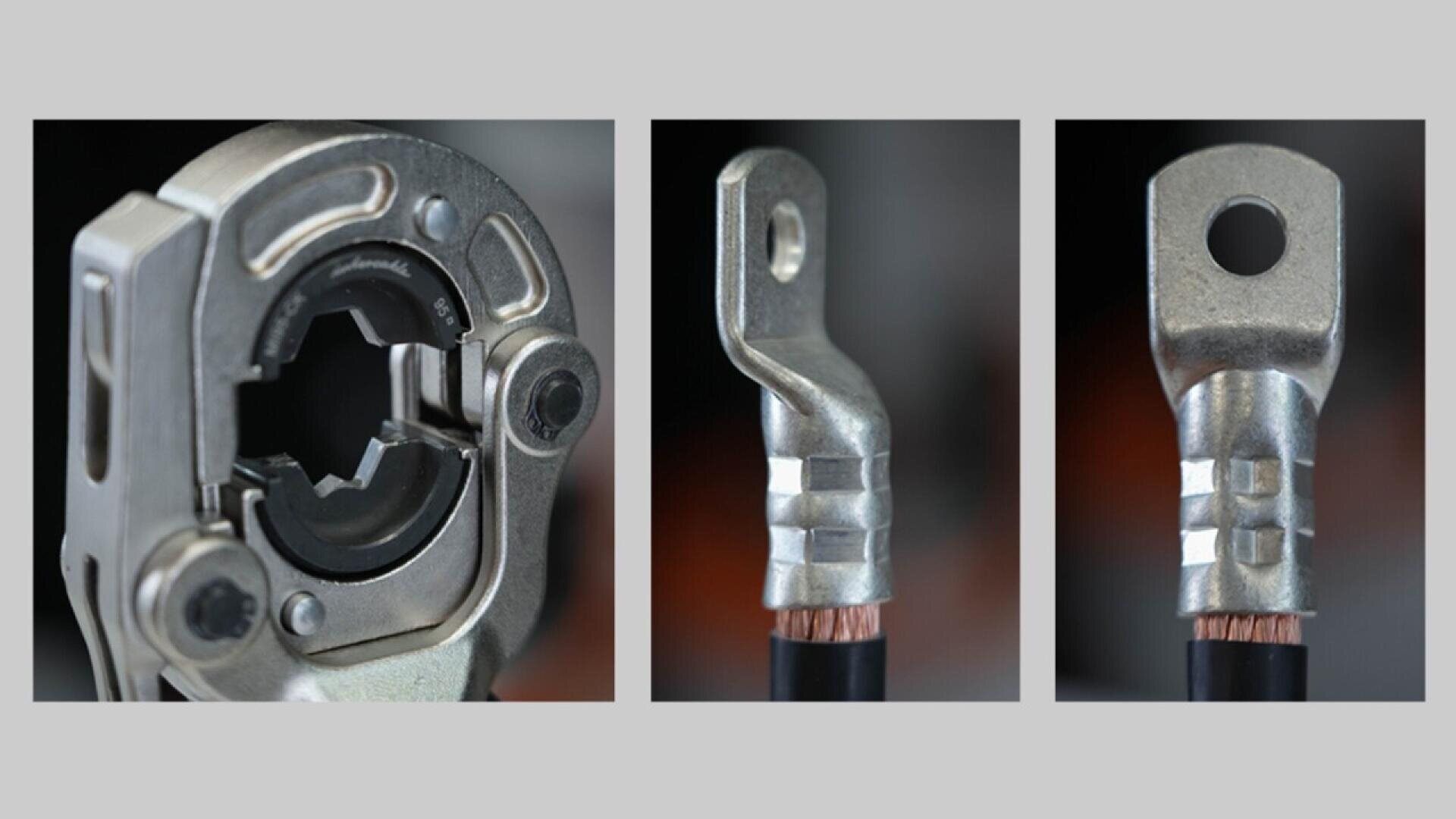 Une image à trois panneaux montre une pince à sertir en métal à gauche, et deux câbles électriques avec des cosses métalliques attachées - l'une coudée, l'autre droite - à droite, démontrant la terminaison du câble.