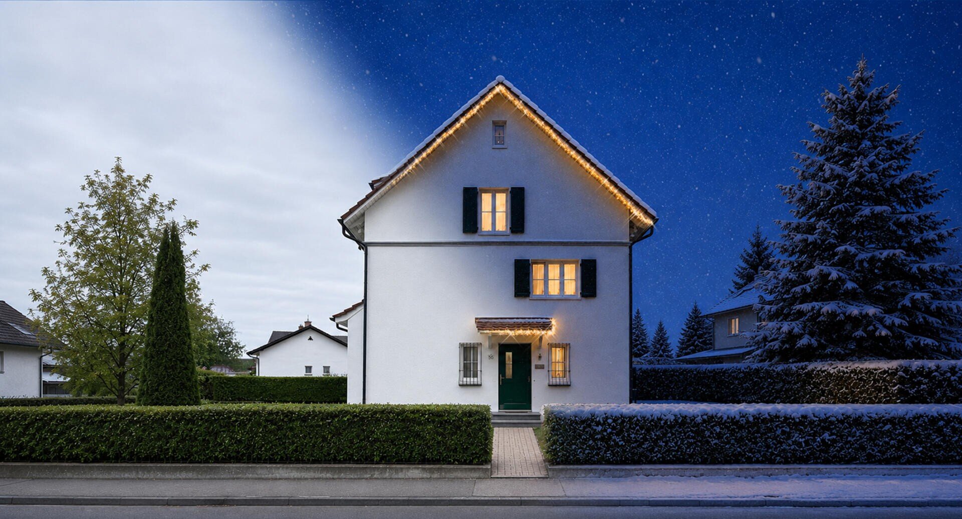 Une maison blanche aux volets verts est divisée entre le jour et la nuit ; on aperçoit à gauche un jour nuageux, tandis que la partie droite représente une nuit enneigée parsemée d'étoiles. La maison est décorée de lumières et entourée de buissons et d'arbres.