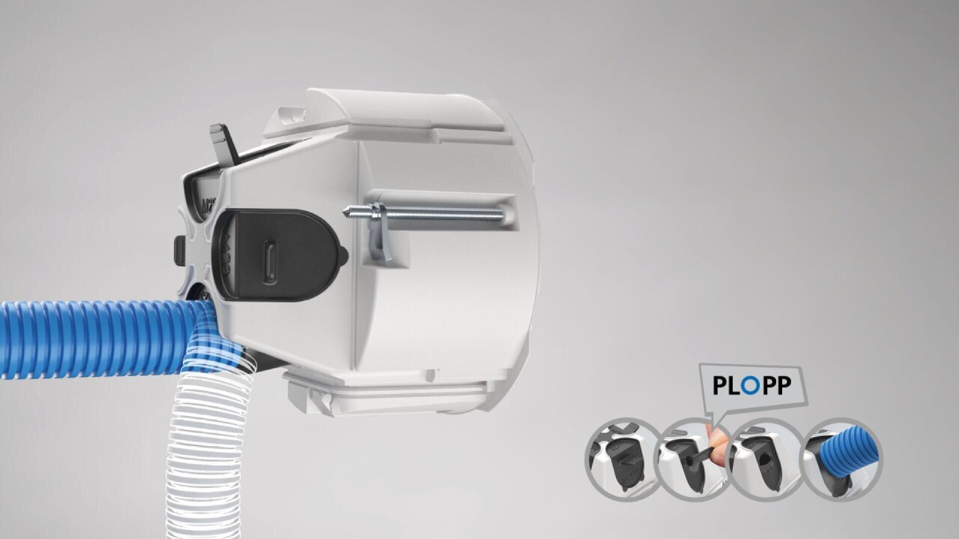 Gros plan d'un dispositif médical blanc et gris auquel sont attachés des tubes bleus et transparents, ainsi qu'une broche de verrouillage. À droite, quatre icônes circulaires et le mot PLOPP illustrent un processus de connexion étape par étape.